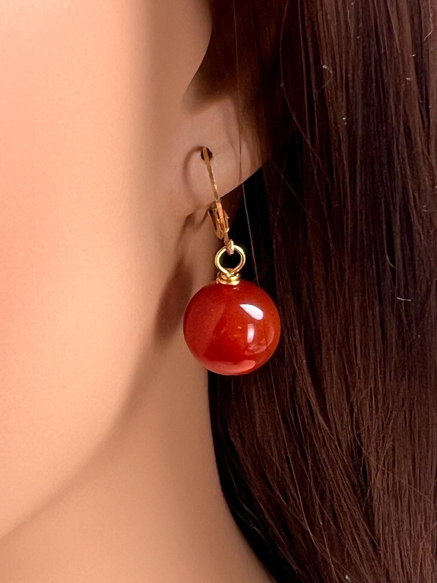 Natural Carnelian Red 14mm large smooth round gold leverback earring, minimalist simple handmade gift