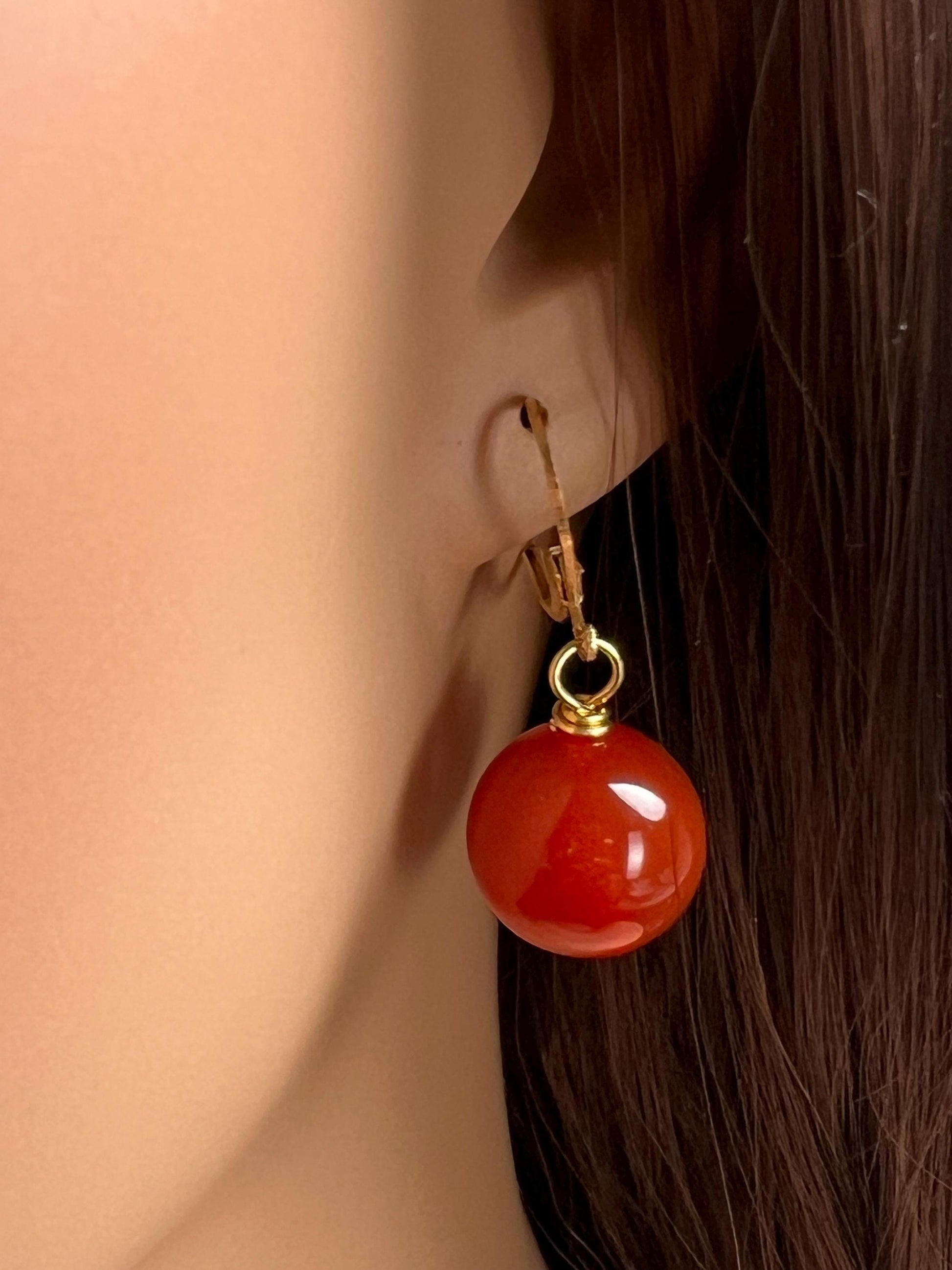 Natural Carnelian Red 14mm large smooth round gold leverback earring, minimalist simple handmade gift