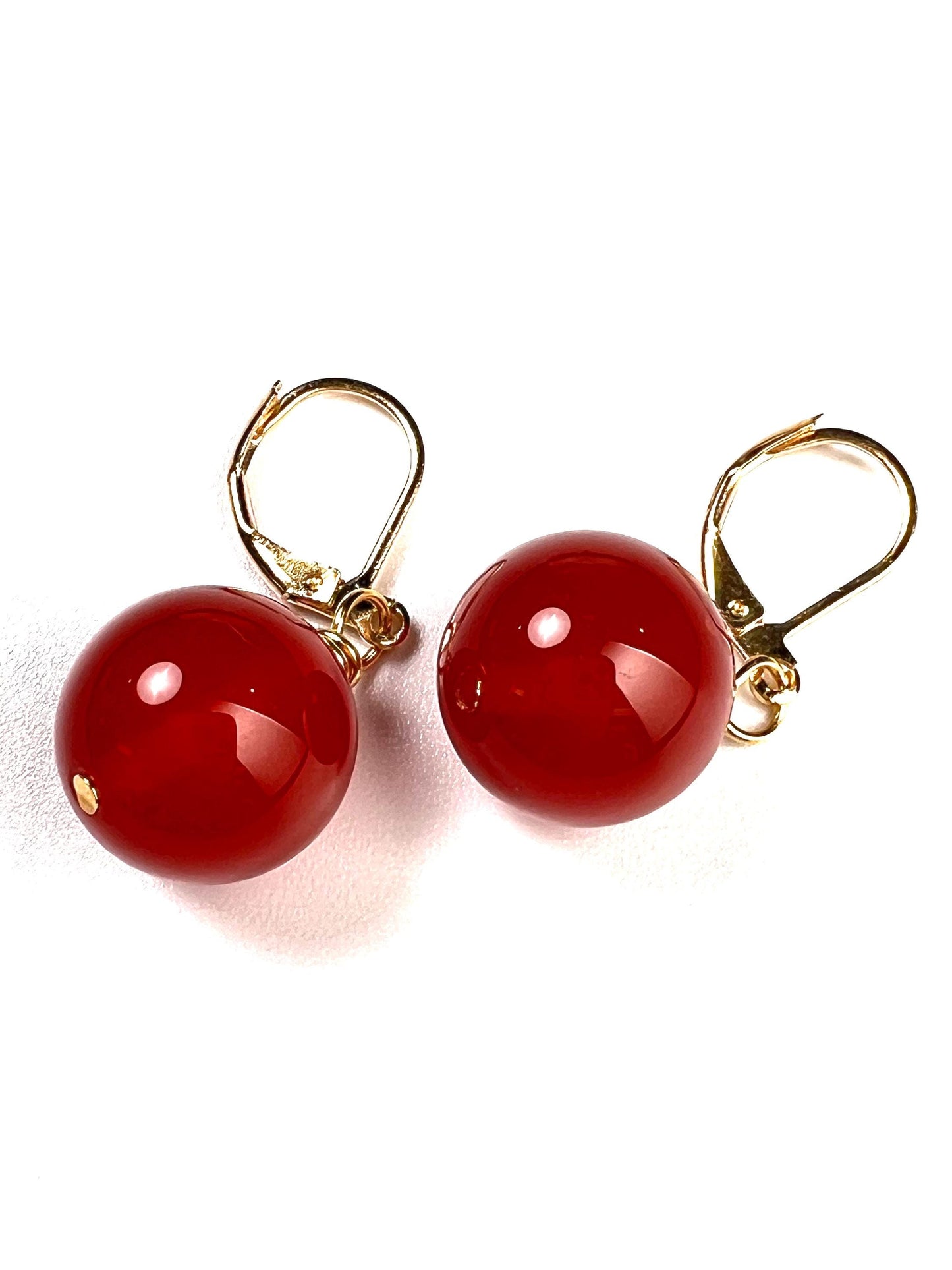 Natural Carnelian Red 14mm large smooth round gold leverback earring, minimalist simple handmade gift