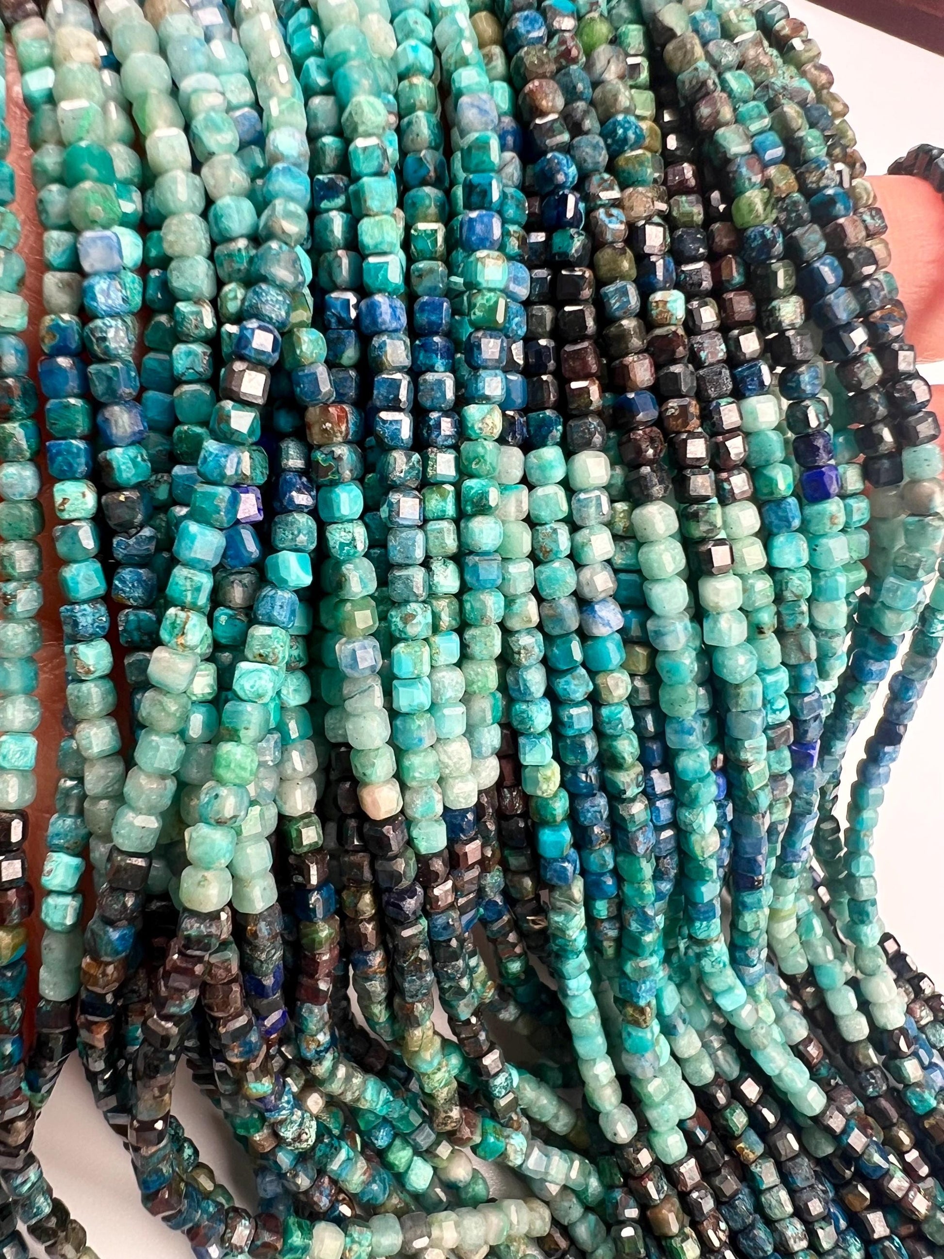 Natural Chrysocolla 2.5-3mm Square cube Faceted Micro cut beads 12.5” Strand, Beautiful blue green jewelry making beads approx 125 beads