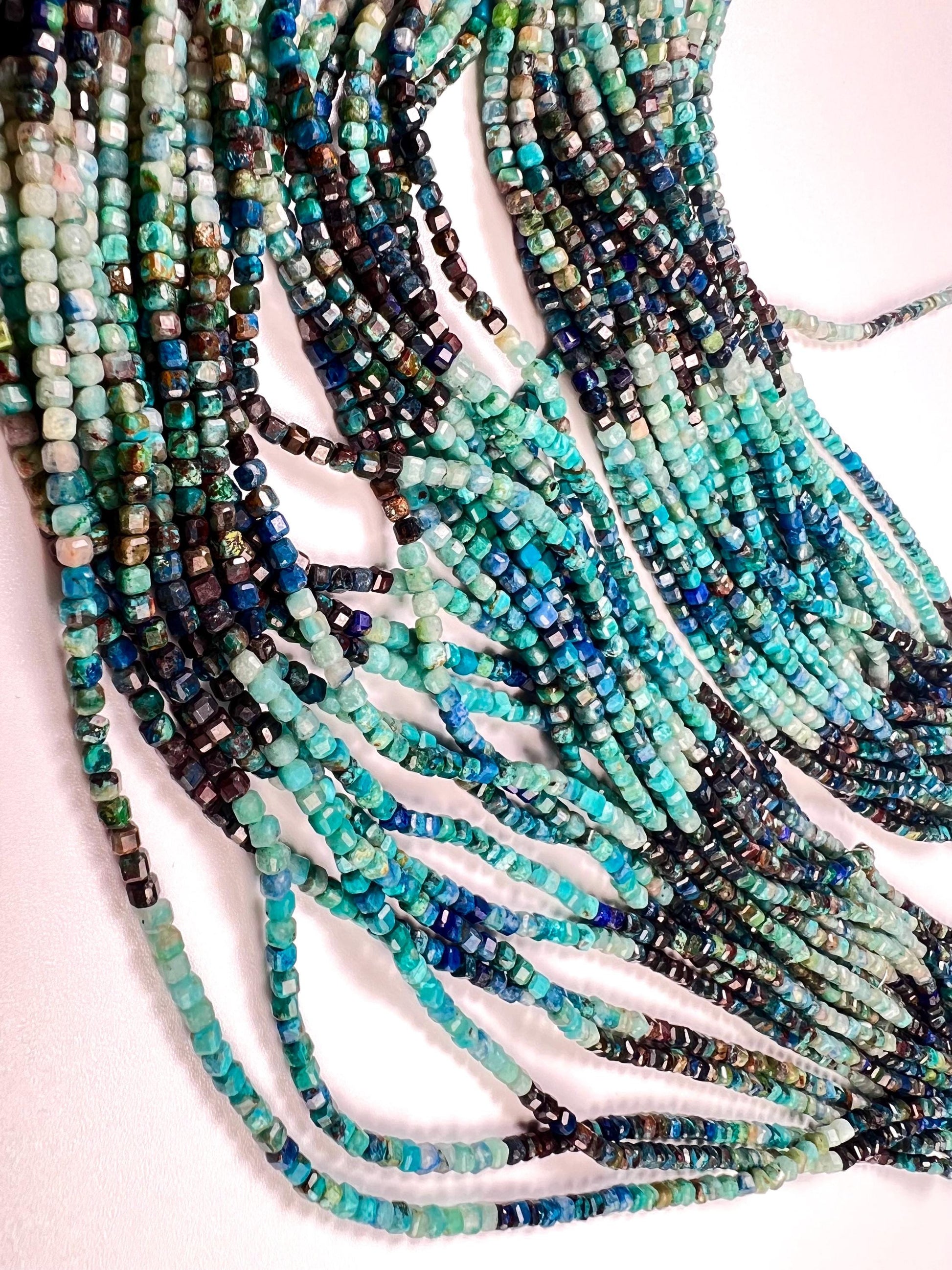 Natural Chrysocolla 2.5-3mm Square cube Faceted Micro cut beads 12.5” Strand, Beautiful blue green jewelry making beads approx 125 beads