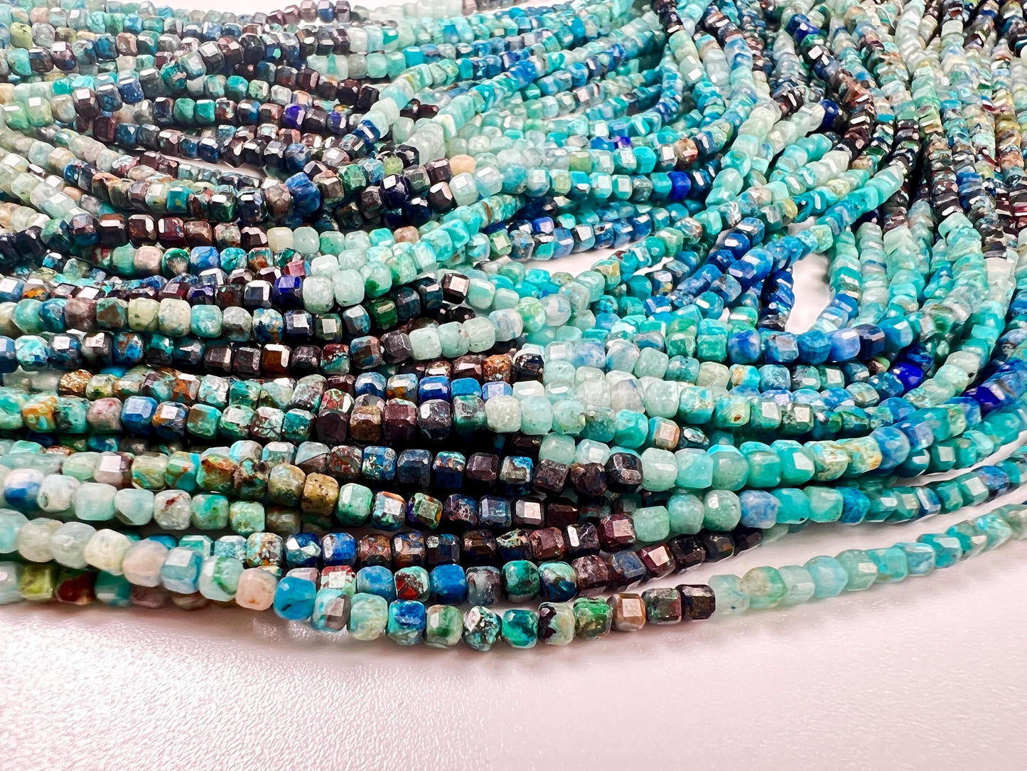 Natural Chrysocolla 2.5-3mm Square cube Faceted Micro cut beads 12.5” Strand, Beautiful blue green jewelry making beads approx 125 beads