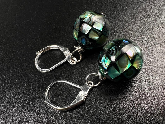 Natural Abalone Pua Shell Mosaic Disco Ball 12.5mm Round Earrings 925 Sterling silver gold,Blue green rainbow handmade Gift for Her