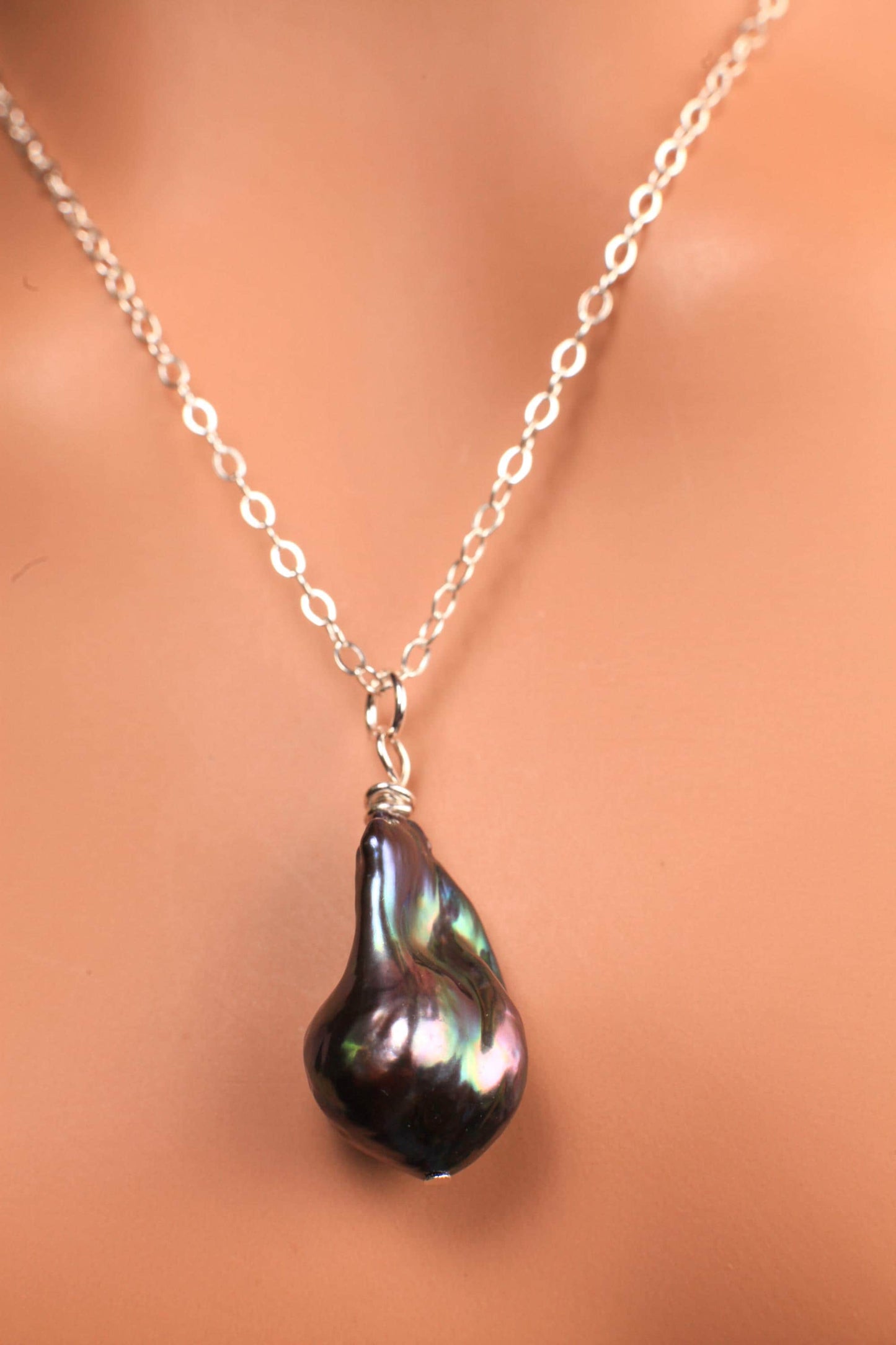 Freshwater Baroque Peacock Grey Rainbow Flame Ball Pearl, AAA High Luster 925 Italian Sterling Silver Necklace