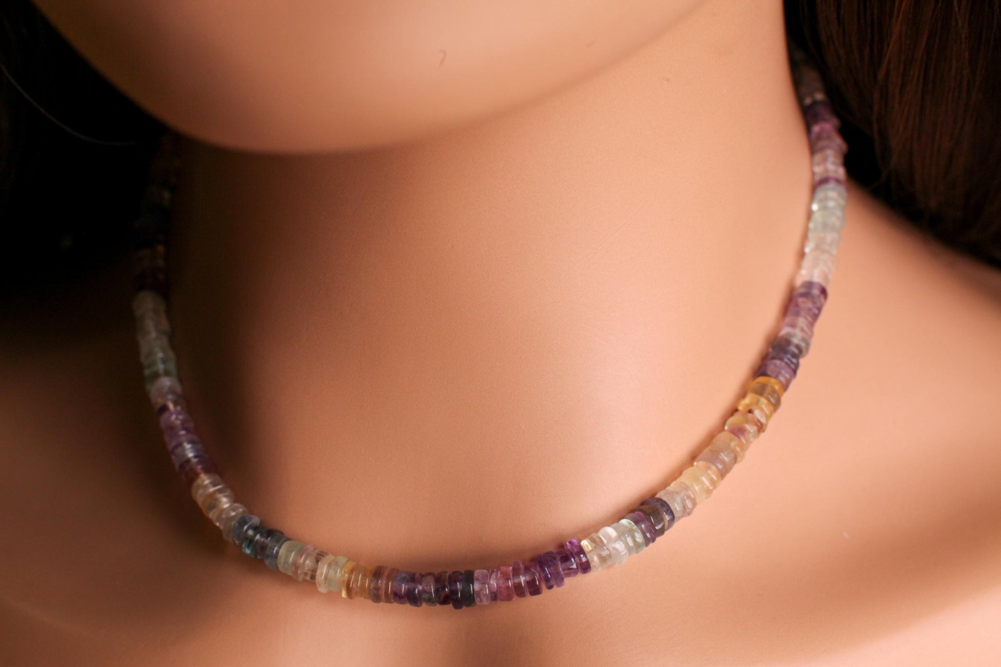 Natural Fluorite Heishi Roundel 4-5mm beautiful purple yellow shaded Necklace for Man and Woman in Silver Lobster clasp, Beach Gift