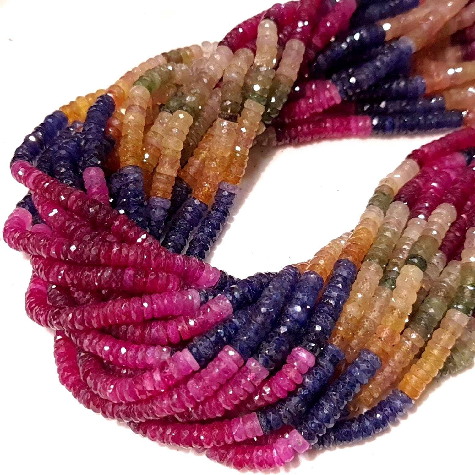 Natural Multi Sapphire Shaded Faceted 5-5.5mm Heishi, sunset sapphire precious Gemstone Beads 7.5&quot;, 15&quot; Strand