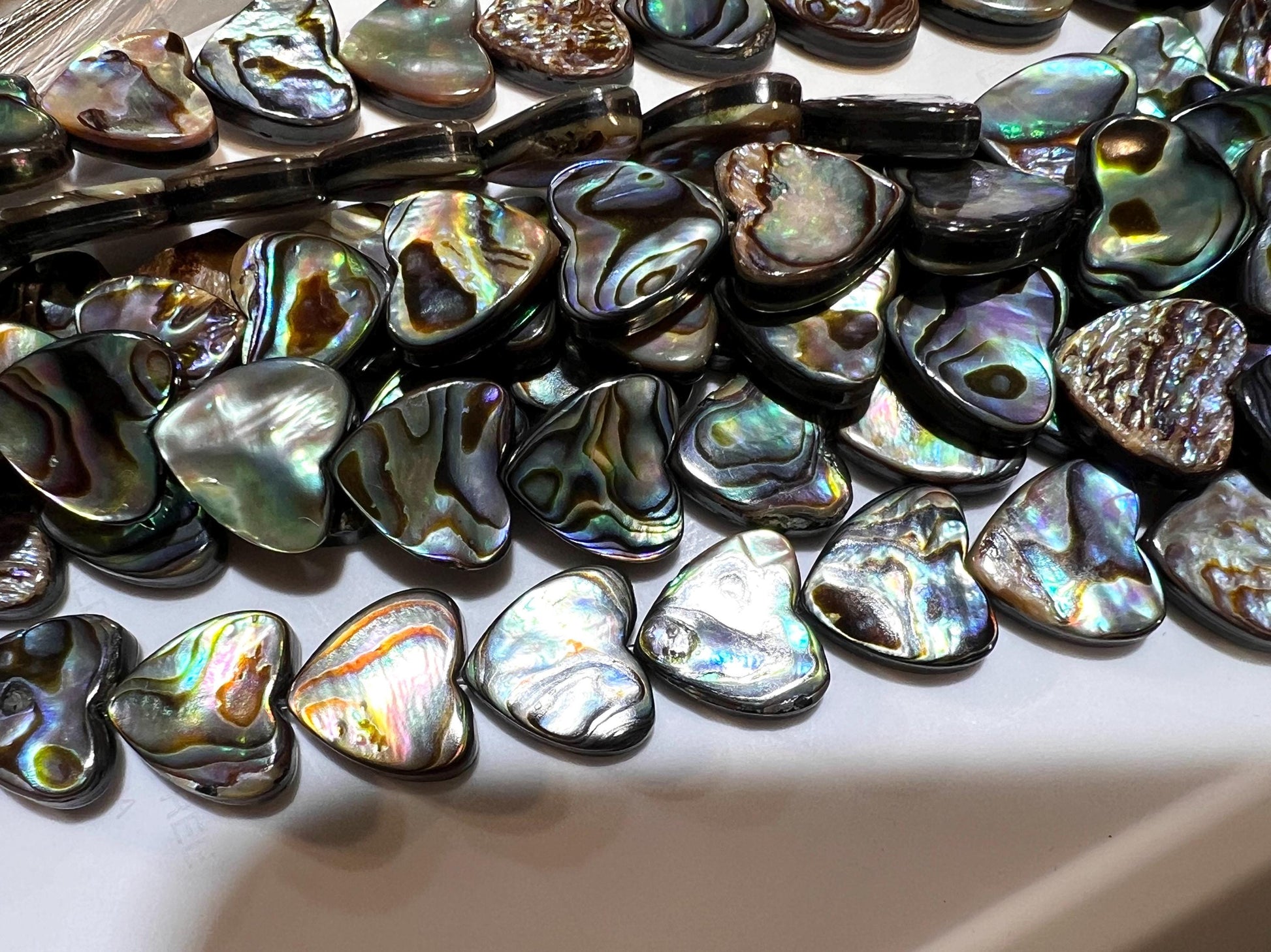 Natural Abalone Paua Shell 12mm double sided Heart shape beads. 5” Strand (12 pcs). Beautiful blue green natural beads