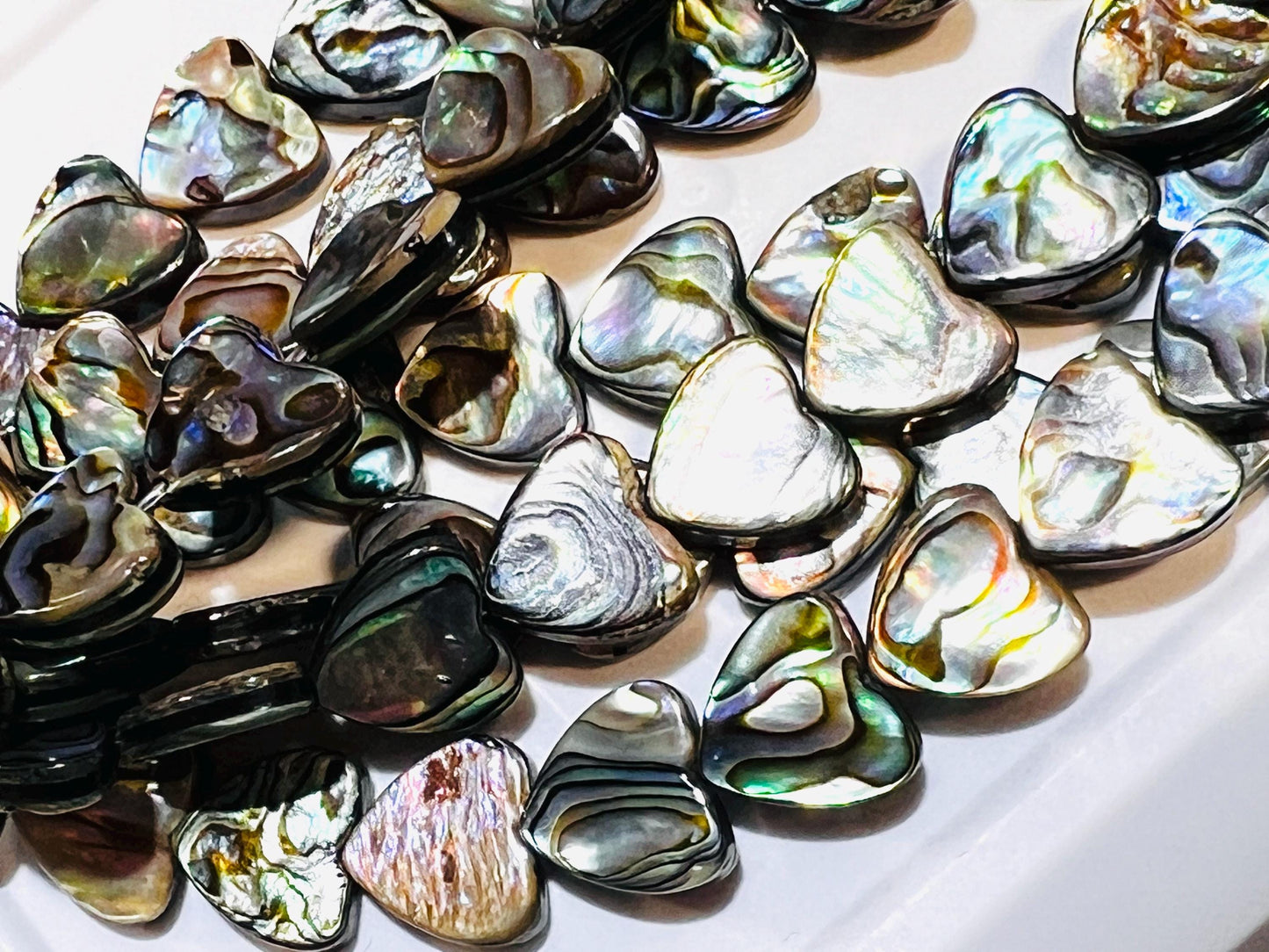 Natural Abalone Paua Shell 12mm double sided Heart shape beads. 5” Strand (12 pcs). Beautiful blue green natural beads