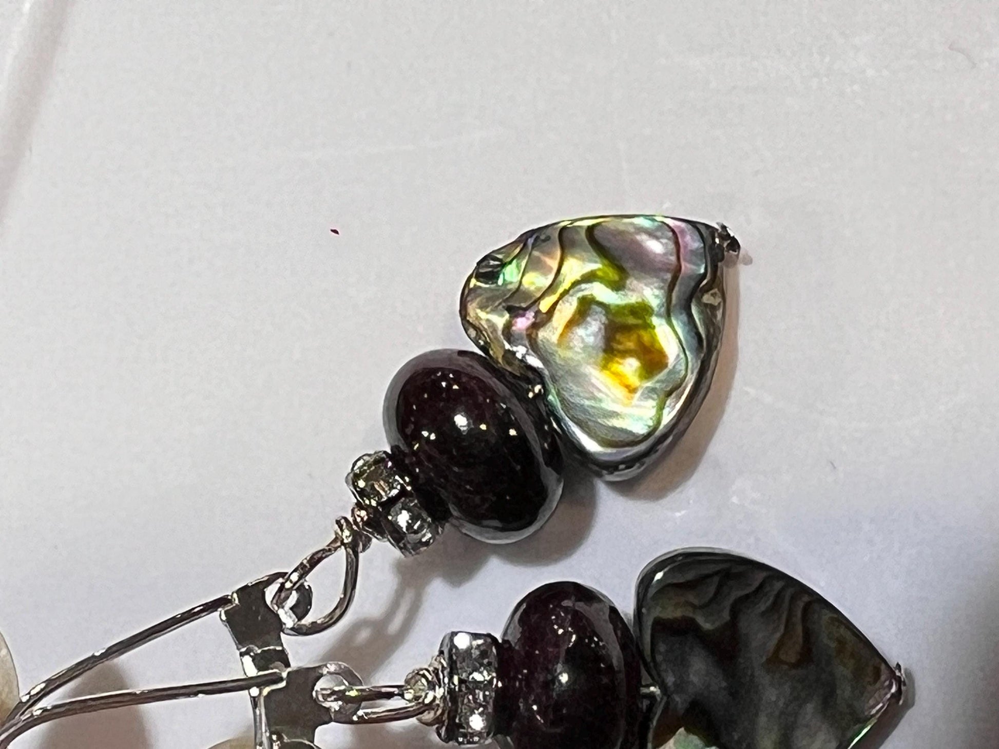 Genuine Abalone 12mm Heart shape double sided w/Garnet smooth 12mm and rhinestone spacer 925 Sterling silver earrings Handmade Gift for Her