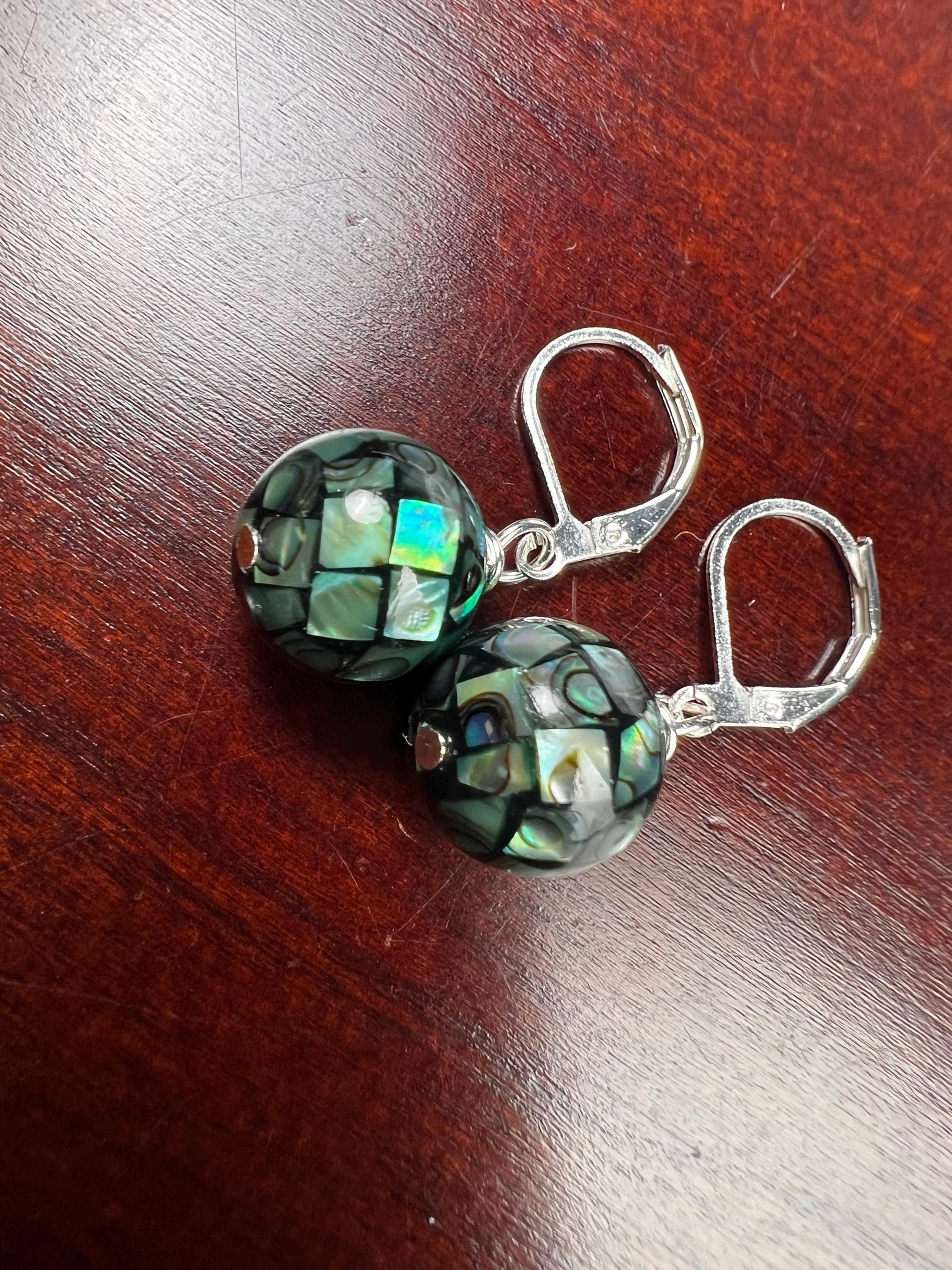 Natural Abalone Pua Shell Mosaic Disco Ball 12.5mm Round Earrings 925 Sterling silver gold,Blue green rainbow handmade Gift for Her