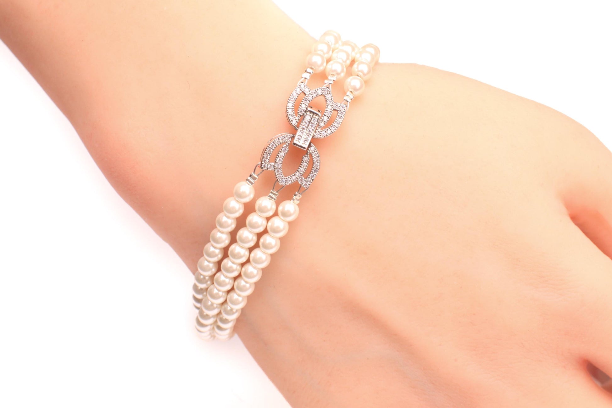 White South Seashell Pearl 4mm 3 Line Bracelet in Fancy CZ Diamond Rhodium Silver Foldable Clasp, Bridal, Gift for Her