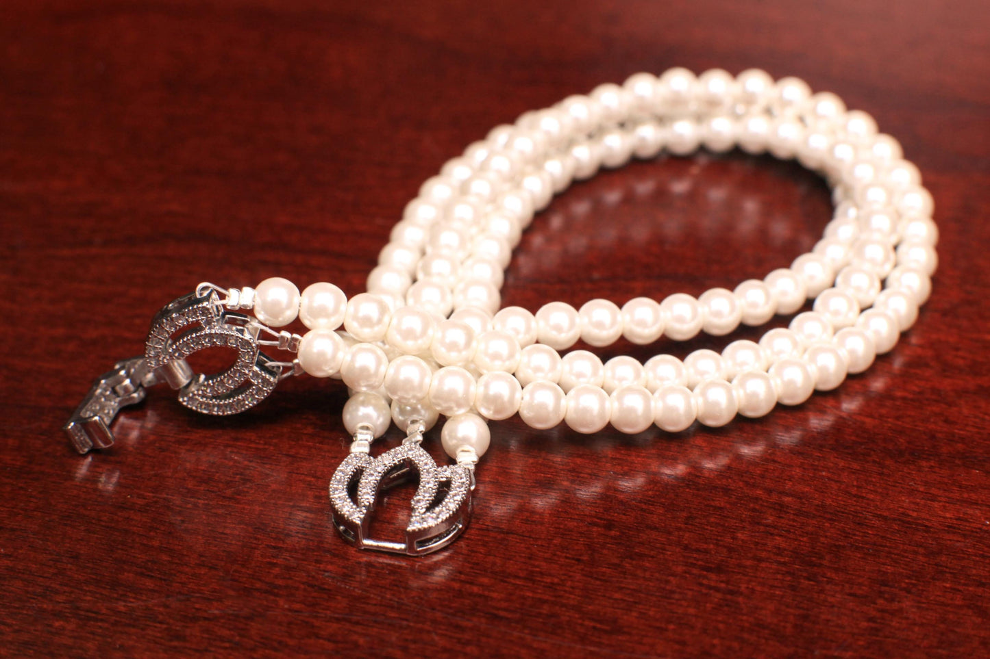White South Seashell Pearl 4mm 3 Line Bracelet in Fancy CZ Diamond Rhodium Silver Foldable Clasp, Bridal, Gift for Her