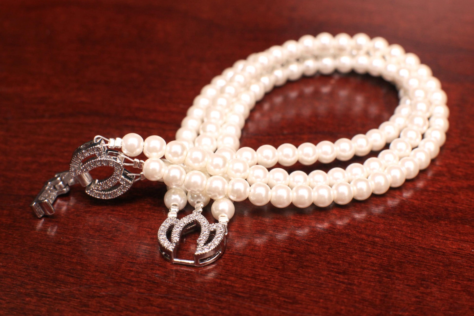 White South Seashell Pearl 4mm 3 Line Bracelet in Fancy CZ Diamond Rhodium Silver Foldable Clasp, Bridal, Gift for Her