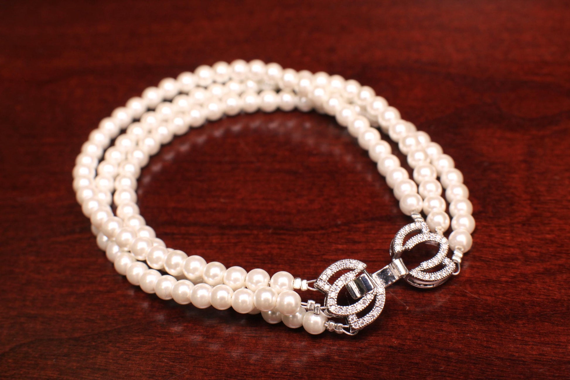 White South Seashell Pearl 4mm 3 Line Bracelet in Fancy CZ Diamond Rhodium Silver Foldable Clasp, Bridal, Gift for Her