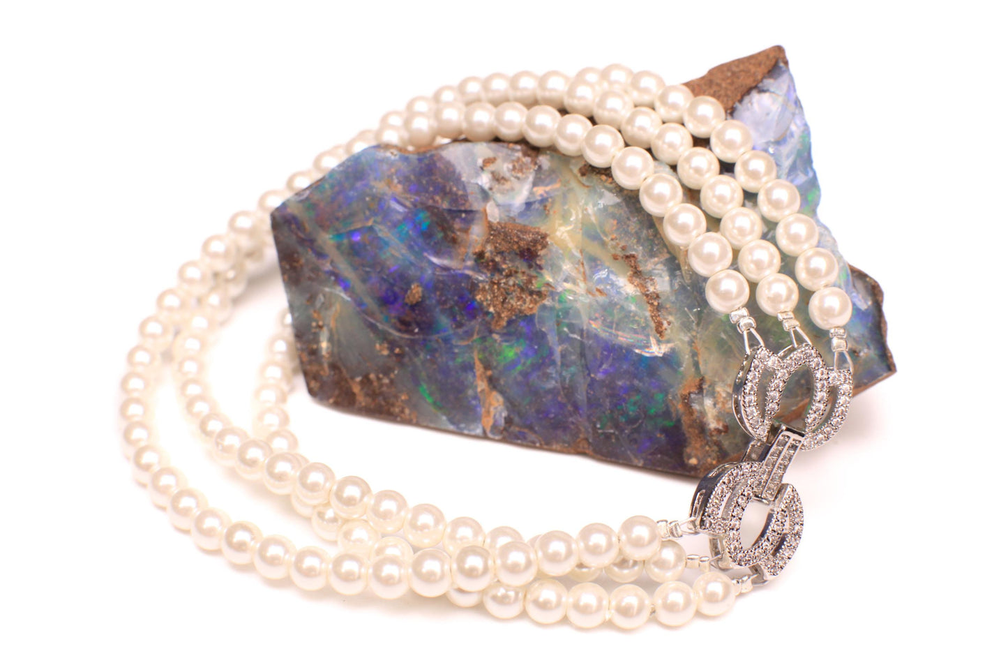 White South Seashell Pearl 4mm 3 Line Bracelet in Fancy CZ Diamond Rhodium Silver Foldable Clasp, Bridal, Gift for Her