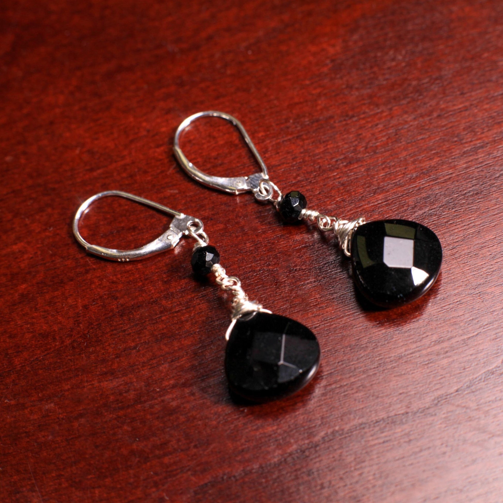 Black Onyx Faceted Teardrop Wire Wrapped 12mm Heart Shape Drop in Sterling Silver Leverback or Earwire