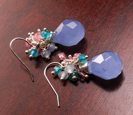 Natural Sky Chalcedony 12x16mm Drop Briolette dangling, Apatite, Pink Topaz, Aquamarine Cluster 925 Sterling Silver Earrings