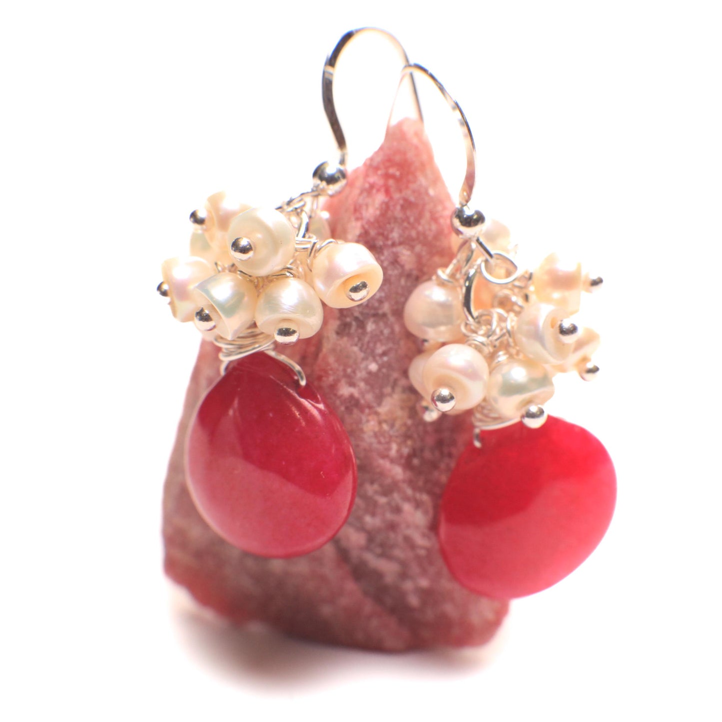 Freshwater Pearl Cluster with Hot Pink Fuchsia Quartz Teardrop Wire Wrapped Dangling Earrings in 925 Sterling Silver Earwire, Handmade Gift