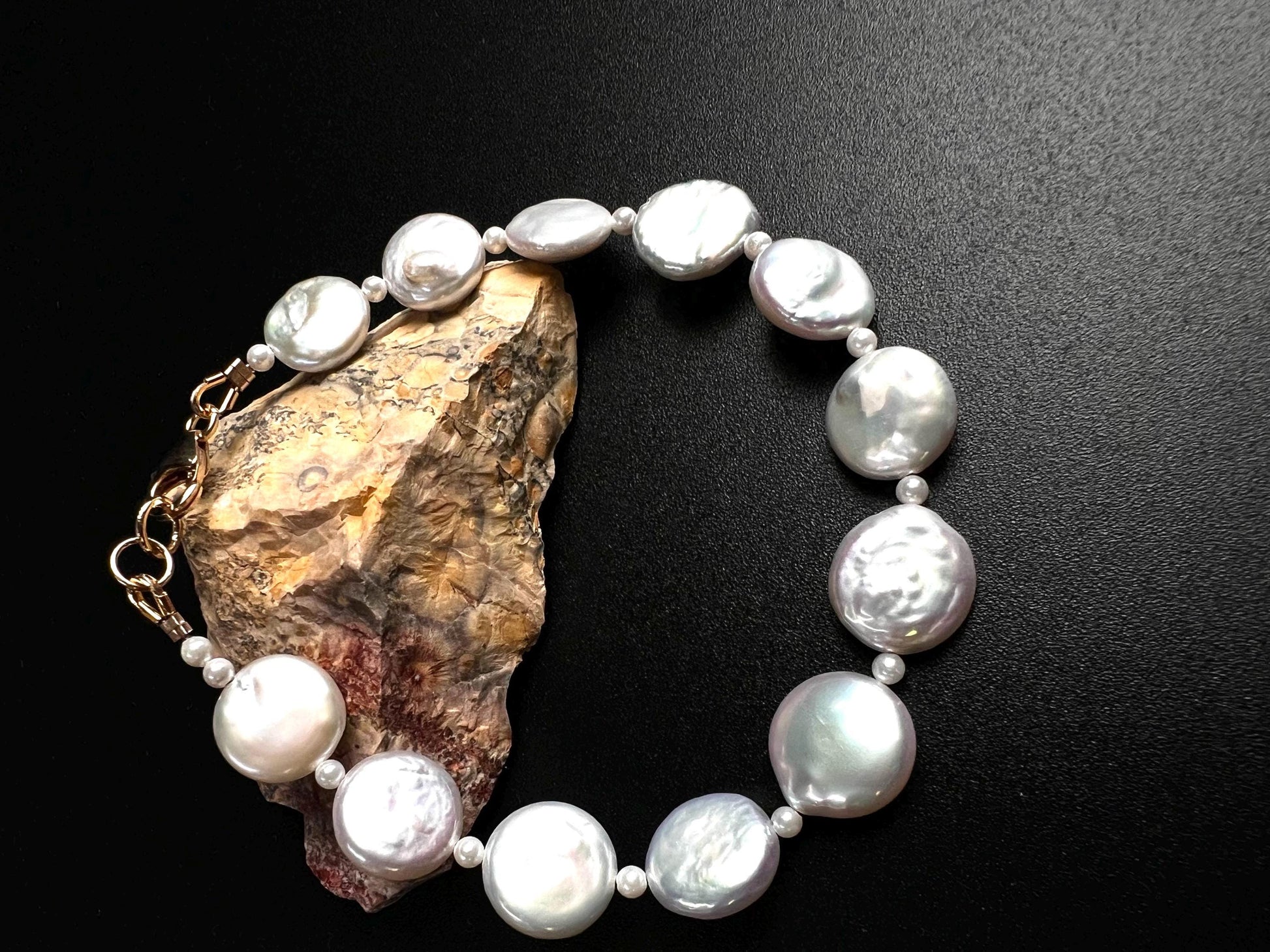 Freshwater Coin Pearl Bracelet, Sterling Silver, 14K Gold Clasp