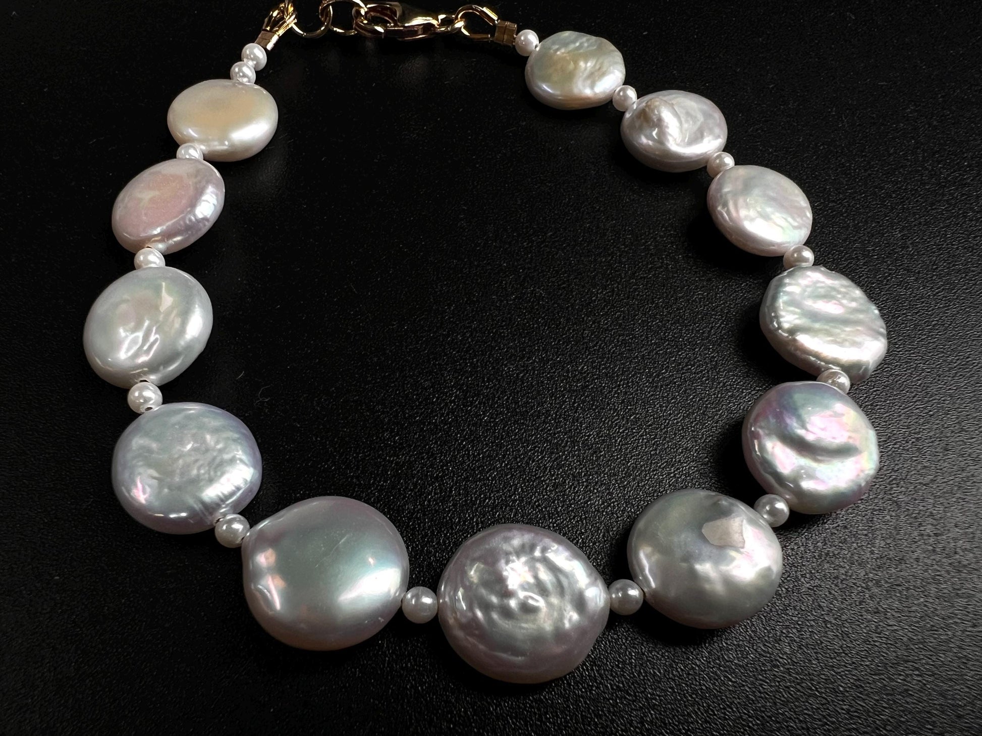 Freshwater Coin Pearl Bracelet, Sterling Silver, 14K Gold Clasp
