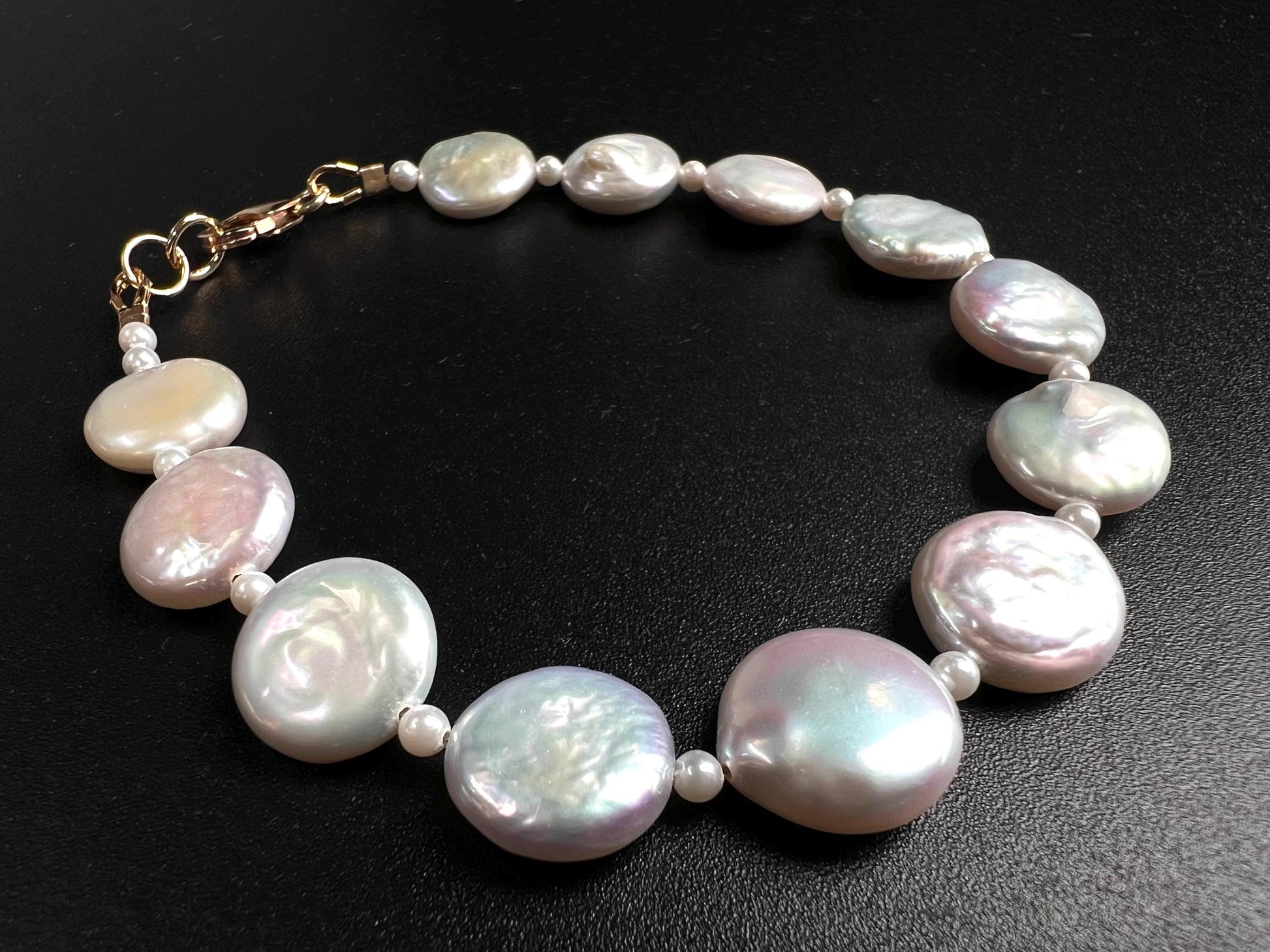 Natural Freshwater Coin Pearl 11-12mm White High Luster Bracelet ,2mm freshwater Pearl Spacer in 925 Sterling Silver, 14K Gold Filled Clasp