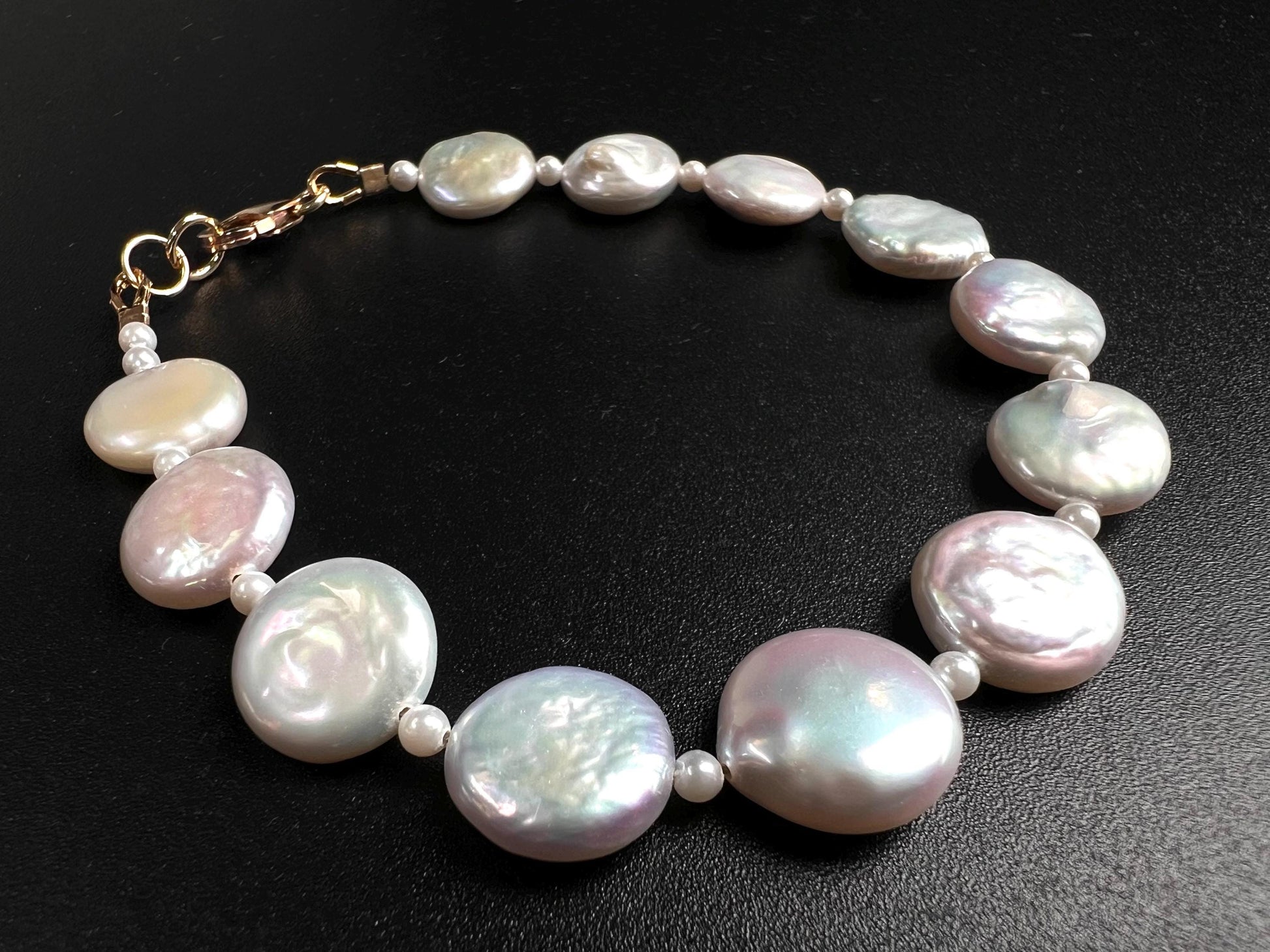 Freshwater Coin Pearl Bracelet, Sterling Silver, 14K Gold Clasp