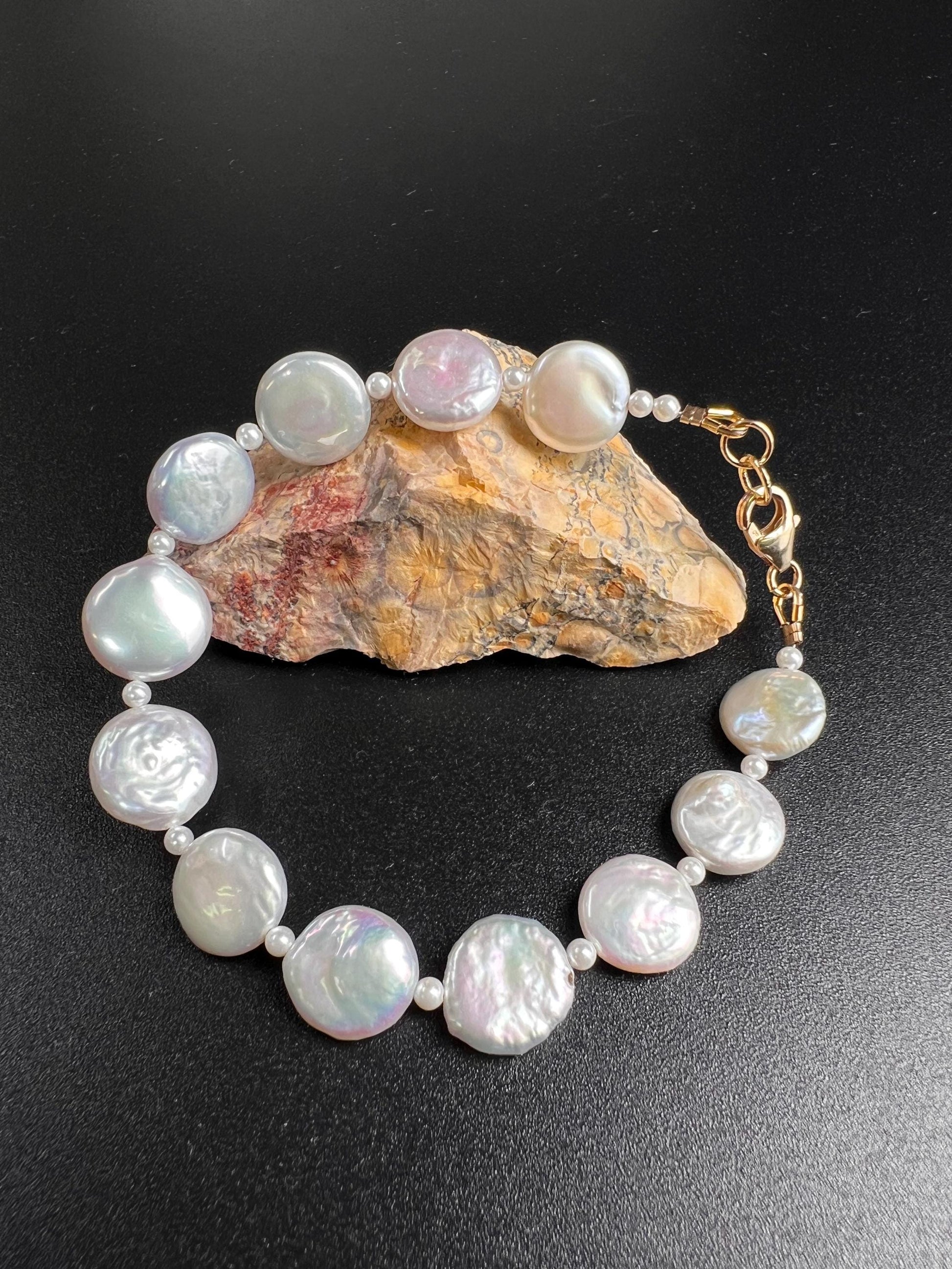 Freshwater Coin Pearl Bracelet, Sterling Silver, 14K Gold Clasp