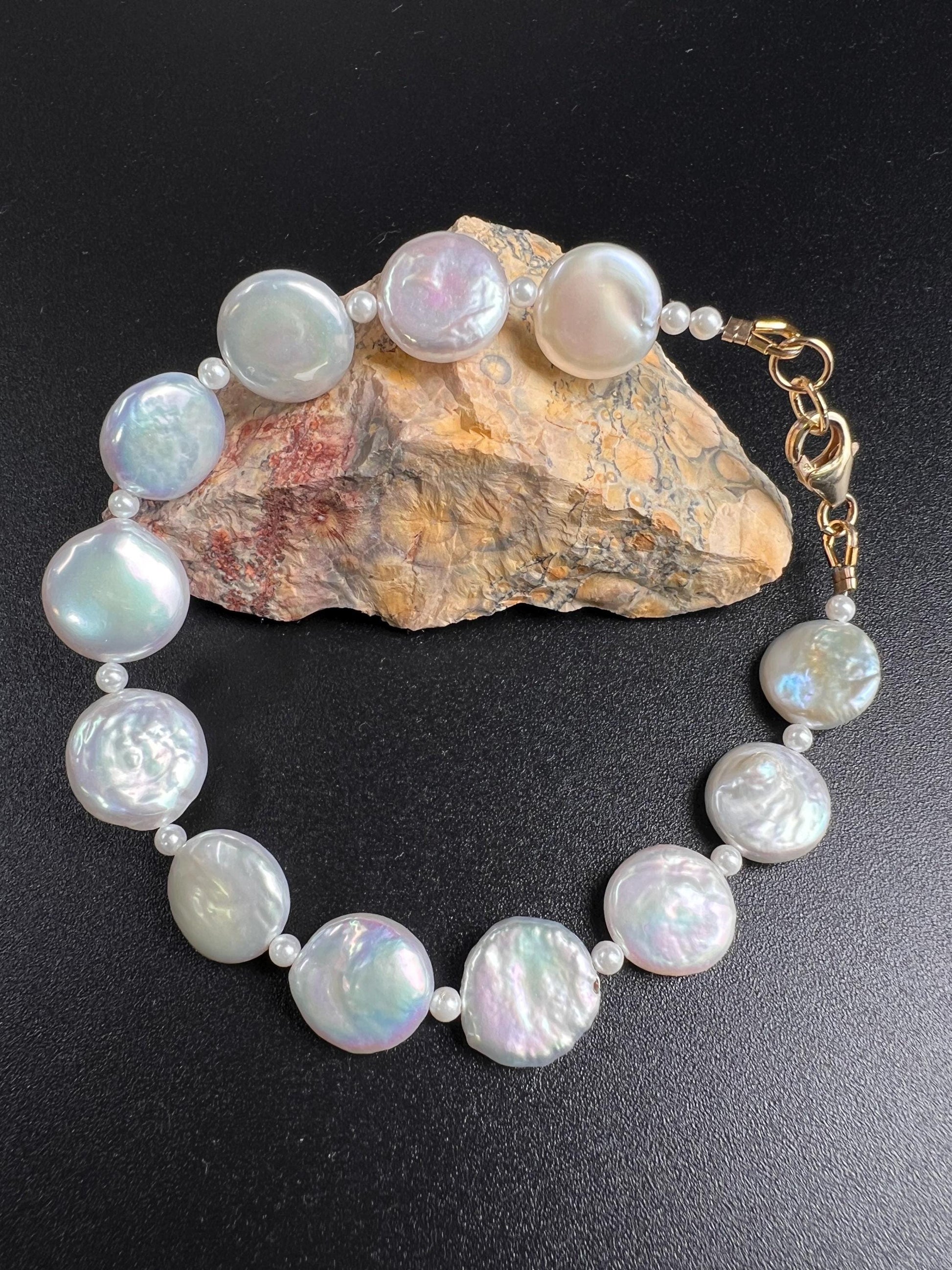 Freshwater Coin Pearl Bracelet, Sterling Silver, 14K Gold Clasp