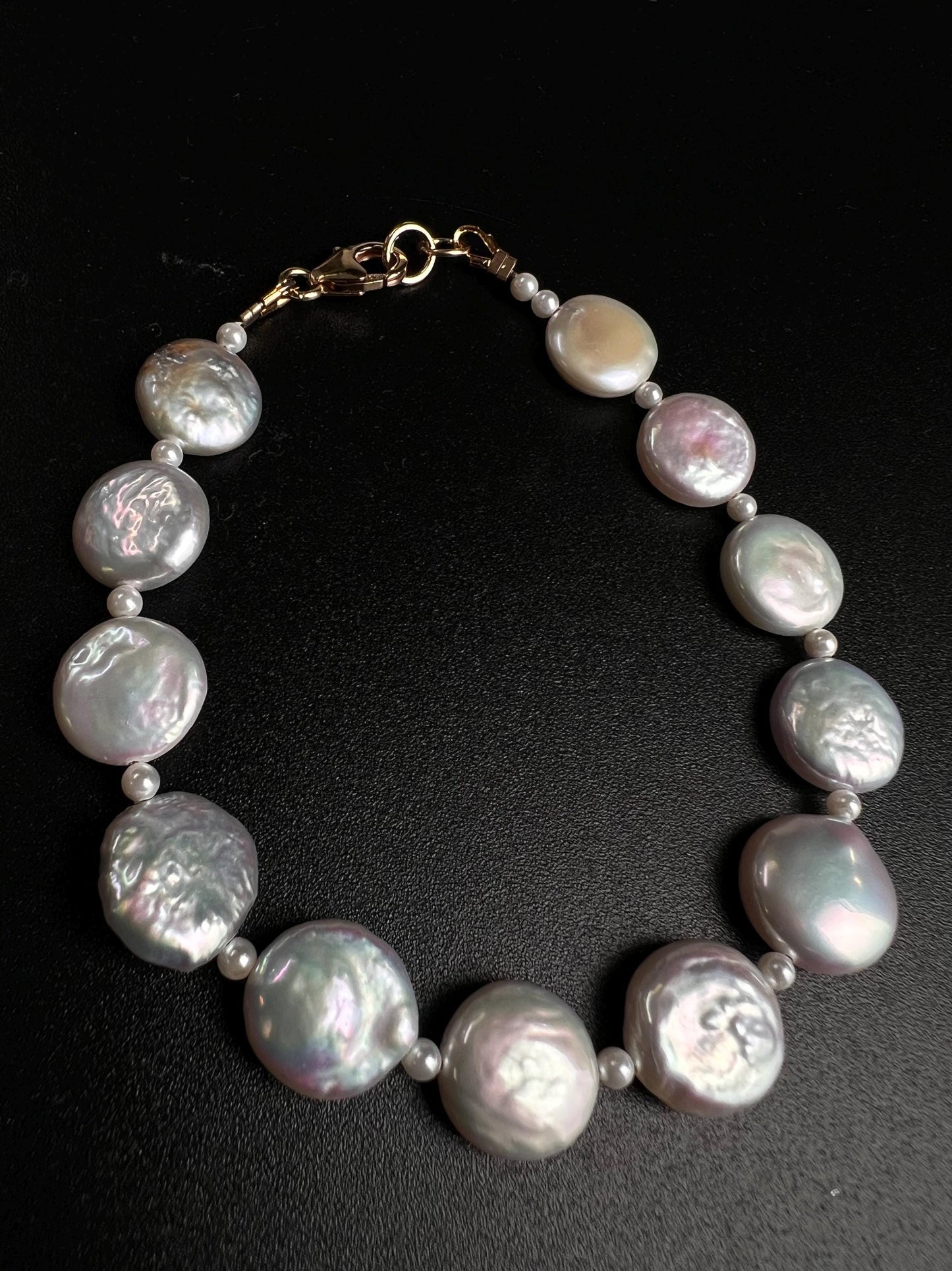 Freshwater Coin Pearl Bracelet, Sterling Silver, 14K Gold Clasp