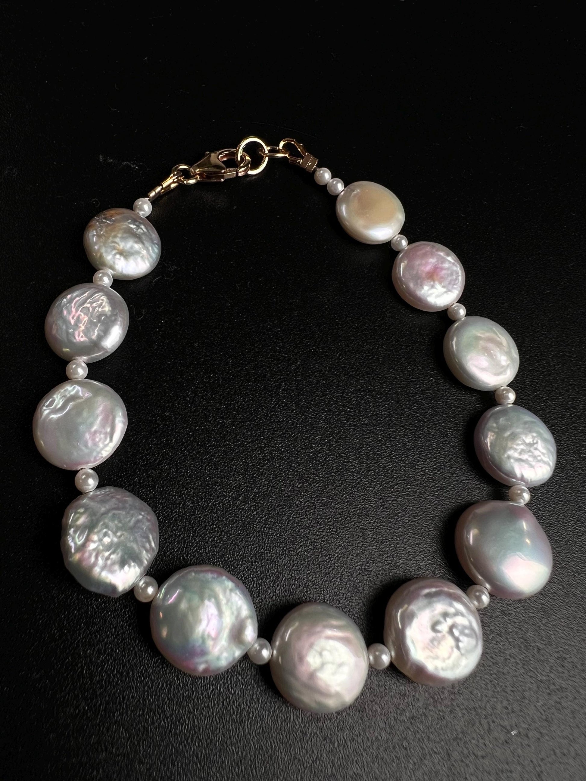 Freshwater Coin Pearl Bracelet, Sterling Silver, 14K Gold Clasp