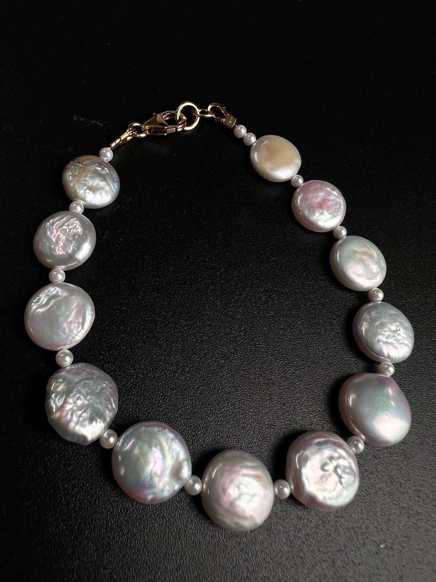 Freshwater Coin Pearl Bracelet, Sterling Silver, 14K Gold Clasp