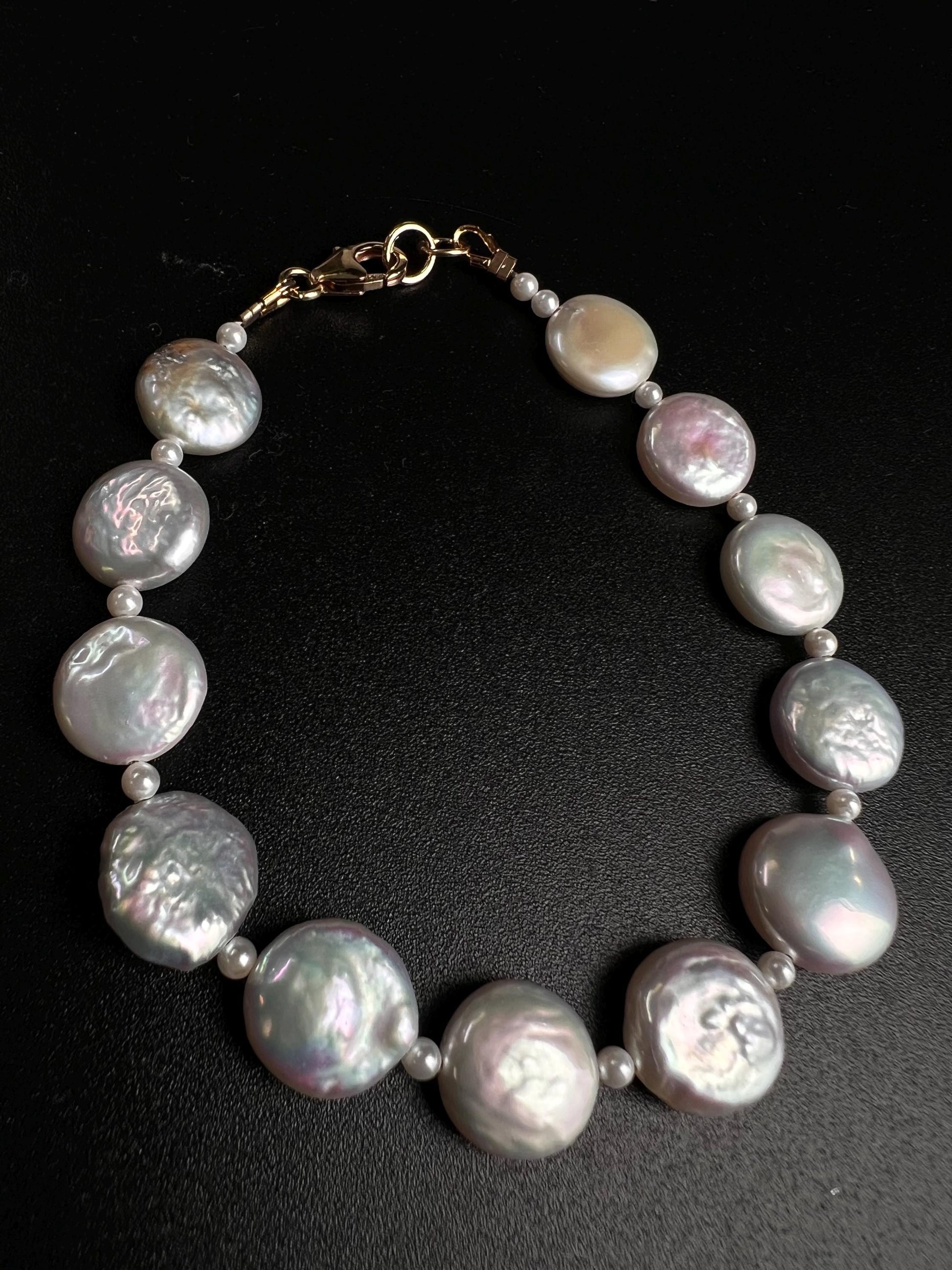 Freshwater Coin Pearl Bracelet, Sterling Silver, 14K Gold Clasp