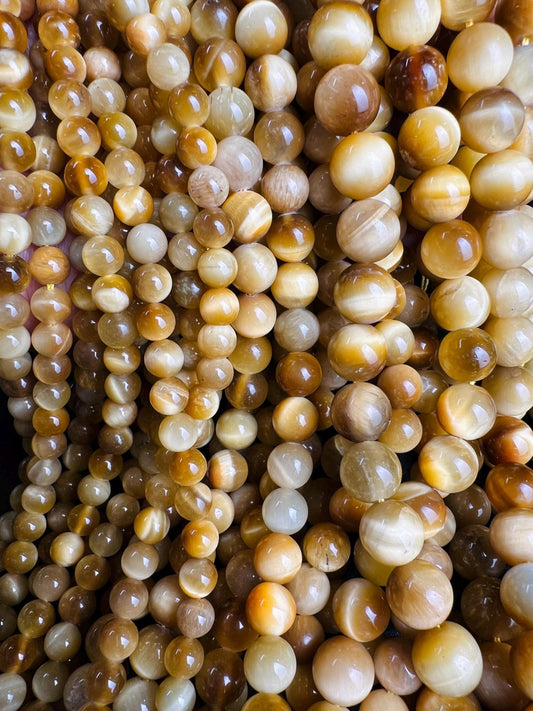 Natural Yellow Tiger Eye Smooth Round Jewelry Making Natural Tiger Eye Gemstone Beads 15" Full Strand AAA quality