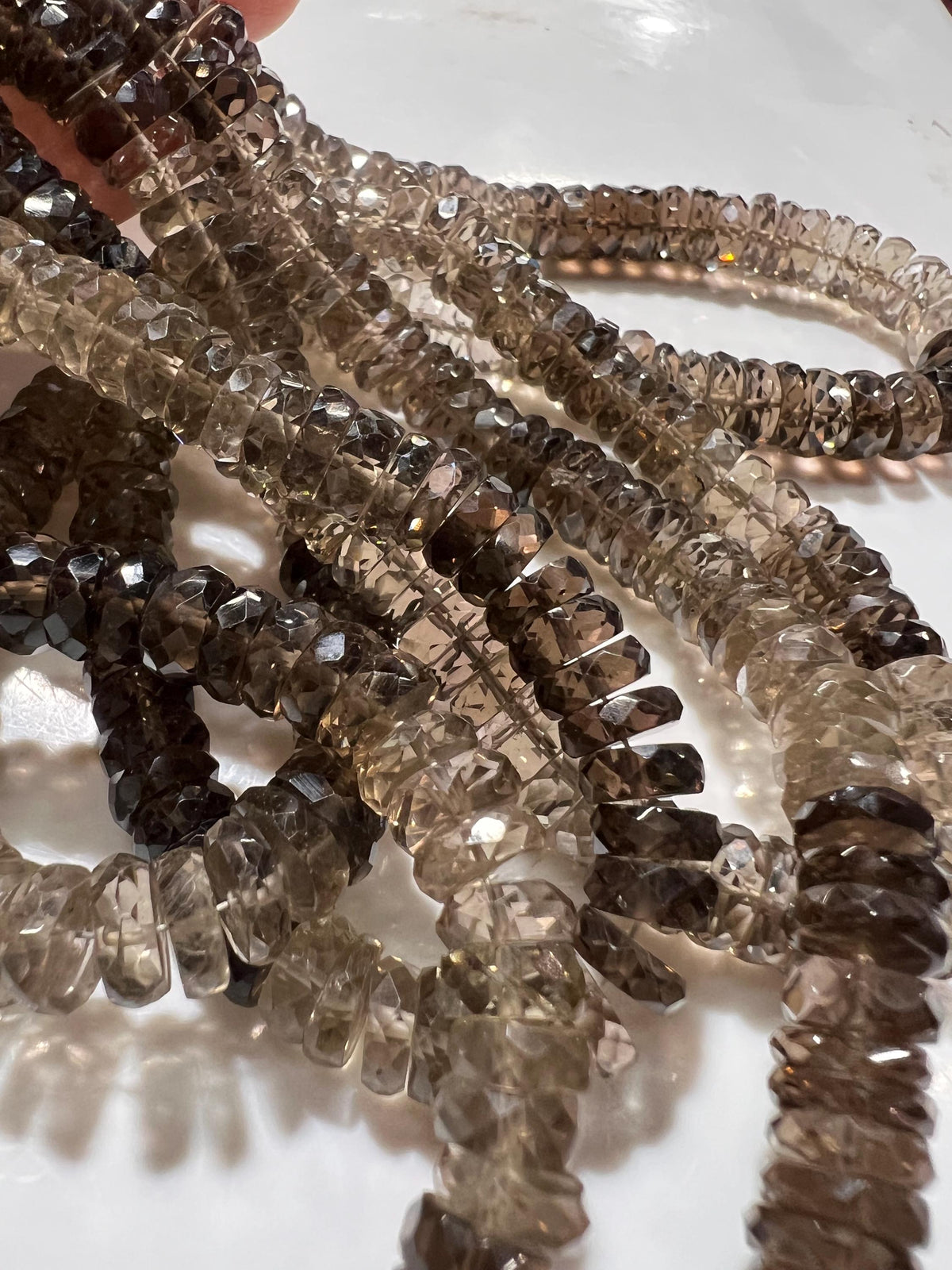Natural Smokey Quartz Faceted Heshi wheel Tyre Roundel shaded micro cut. AAA quality jewelry making bead 6.5-7.5mm
