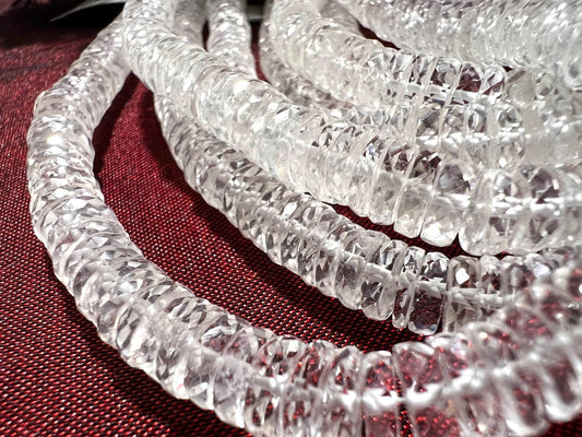 Natural Rock crystal Quartz Faceted heishi wheel tyre roundel micro cut AAA quality jewelry making bead 6.5-7mm in size 8” Strand