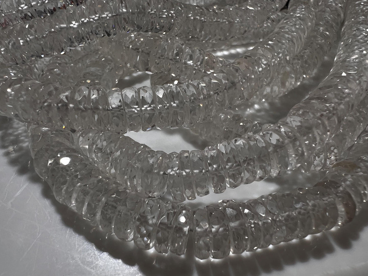 Natural Rock crystal Quartz Faceted heishi wheel tyre roundel micro cut AAA quality jewelry making bead 6.5-7mm in size 7” Strand