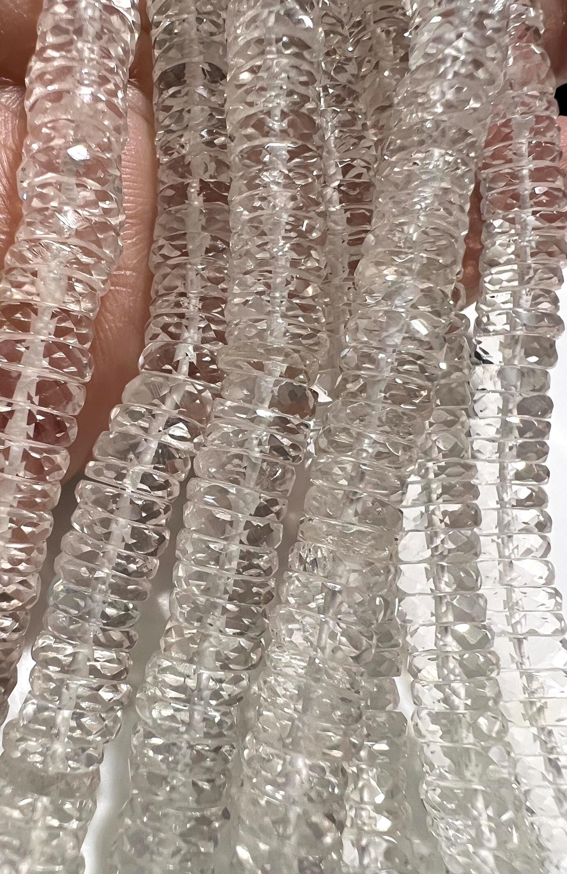Natural Rock crystal Quartz Faceted heishi wheel tyre roundel micro cut AAA quality jewelry making bead 6.5-7mm in size 7” Strand