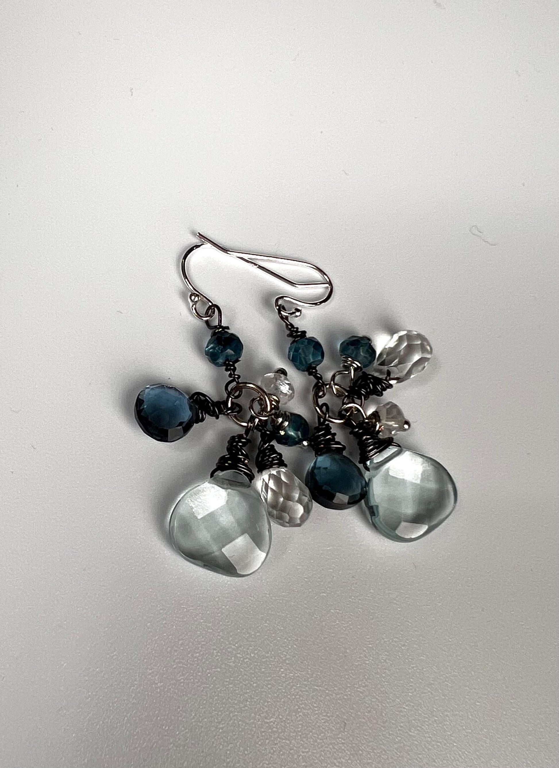 London Blue Topaz, Aquamarine Quartz and Rock Crystal Quartz and Aquamarine cluster earrings.