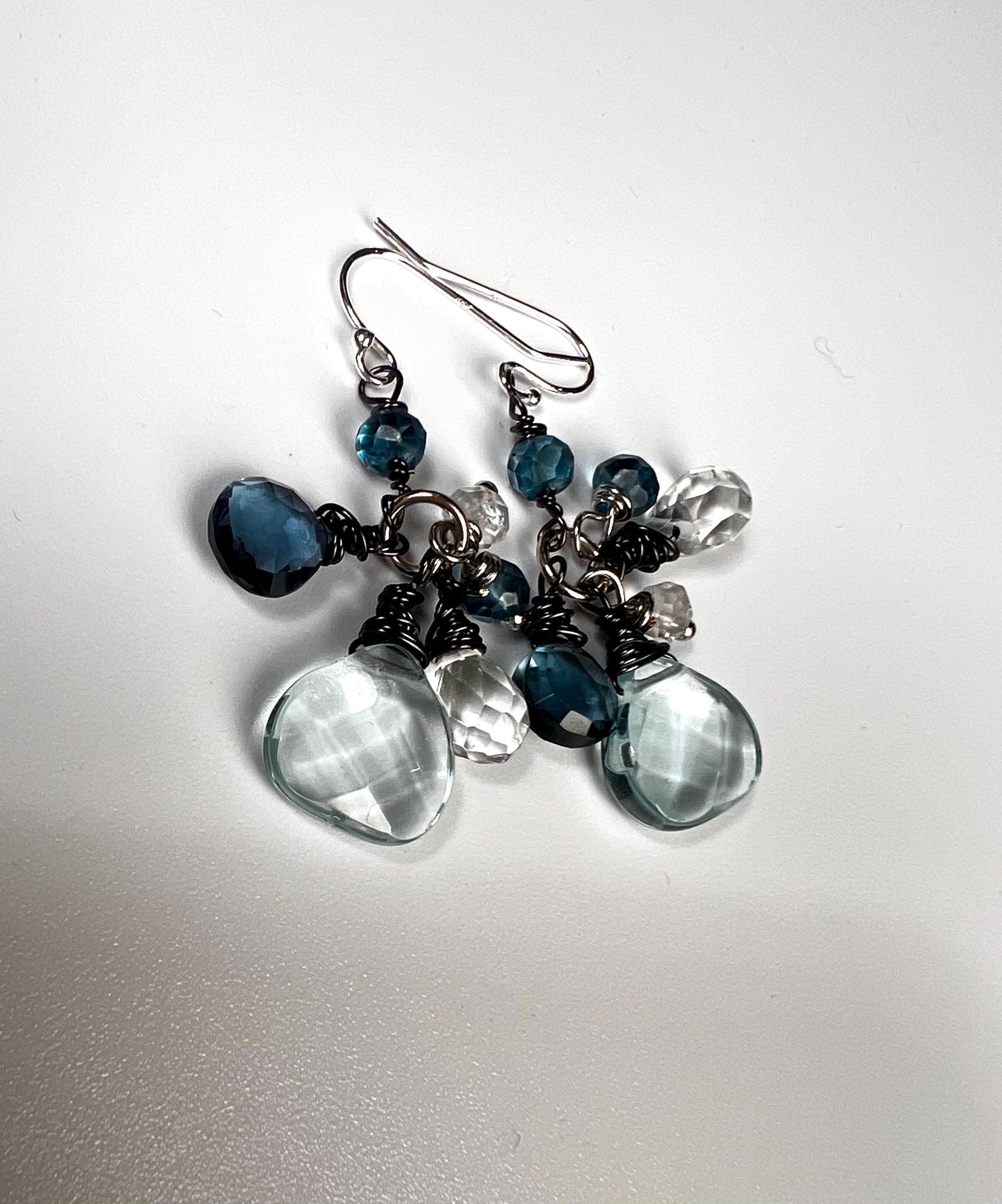 London Blue Topaz, Aquamarine Quartz and Rock Crystal Quartz and Aquamarine cluster earrings.