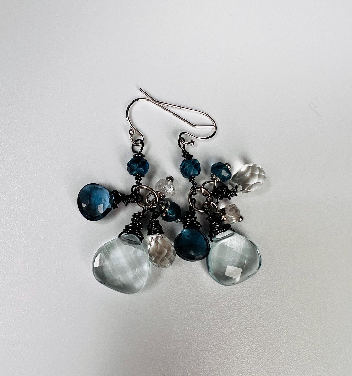 London Blue Topaz, Aquamarine Quartz and Rock Crystal Quartz and Aquamarine cluster earrings.