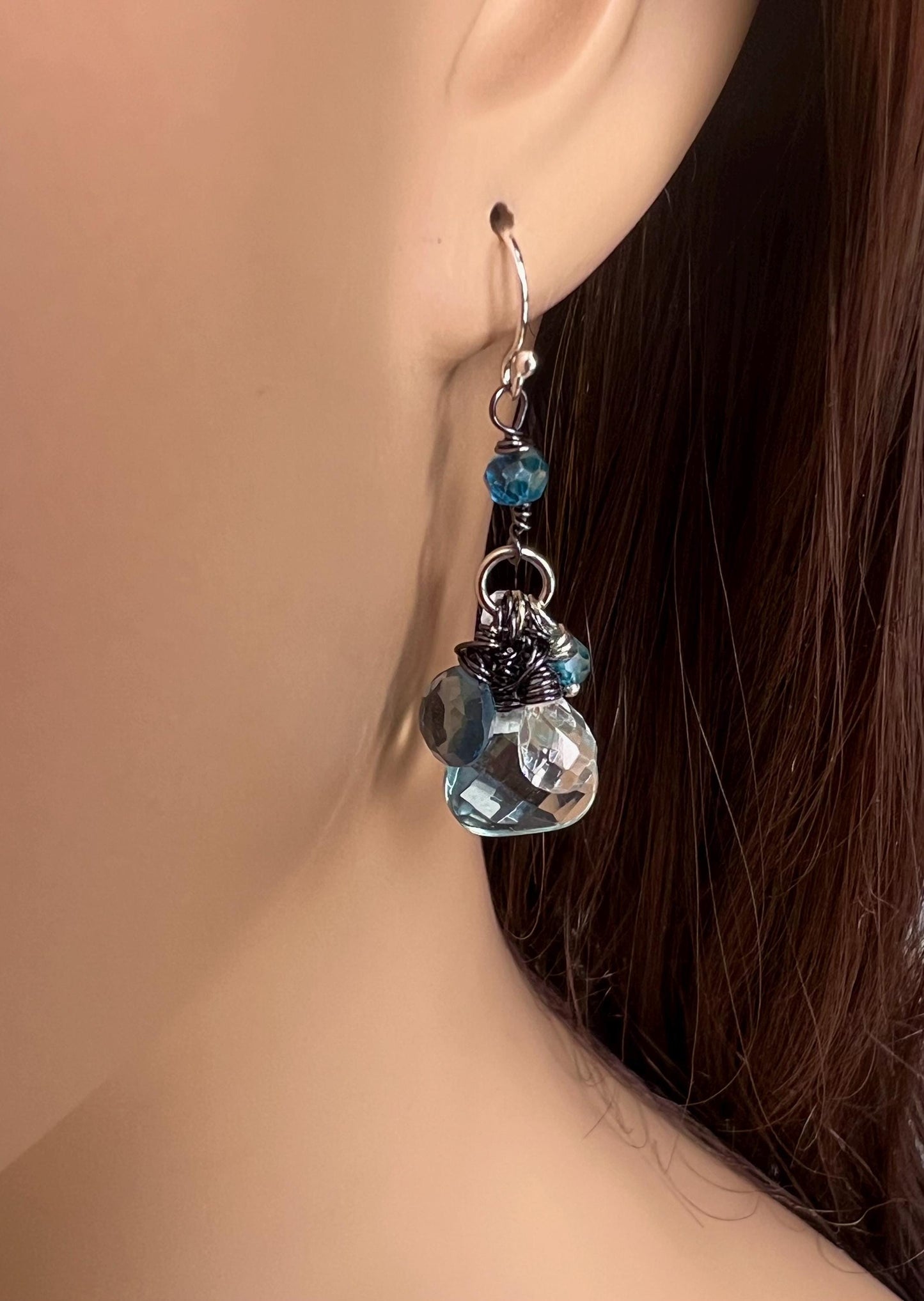 London Blue Topaz, Aquamarine Quartz and Rock Crystal Quartz and Aquamarine cluster earrings.