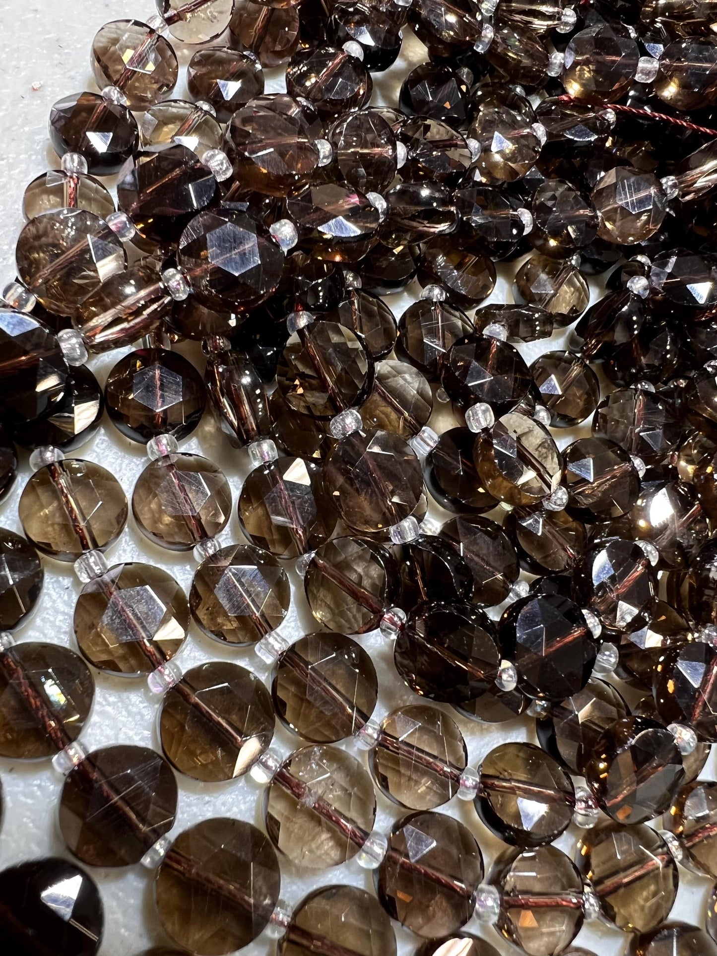 Natural Smokey Quartz 10mm Faceted Dime shape jewelry making beads 14”Strand Approx 30 pcs