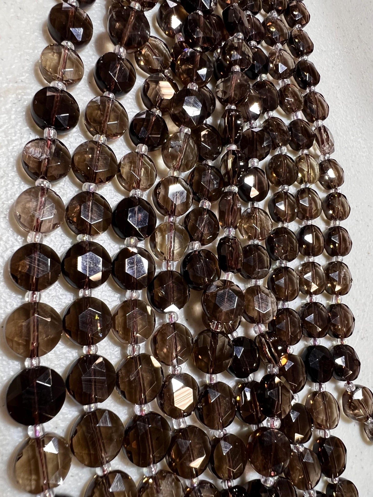 Natural Smokey Quartz 10mm Faceted Dime shape jewelry making beads 14”Strand Approx 30 pcs