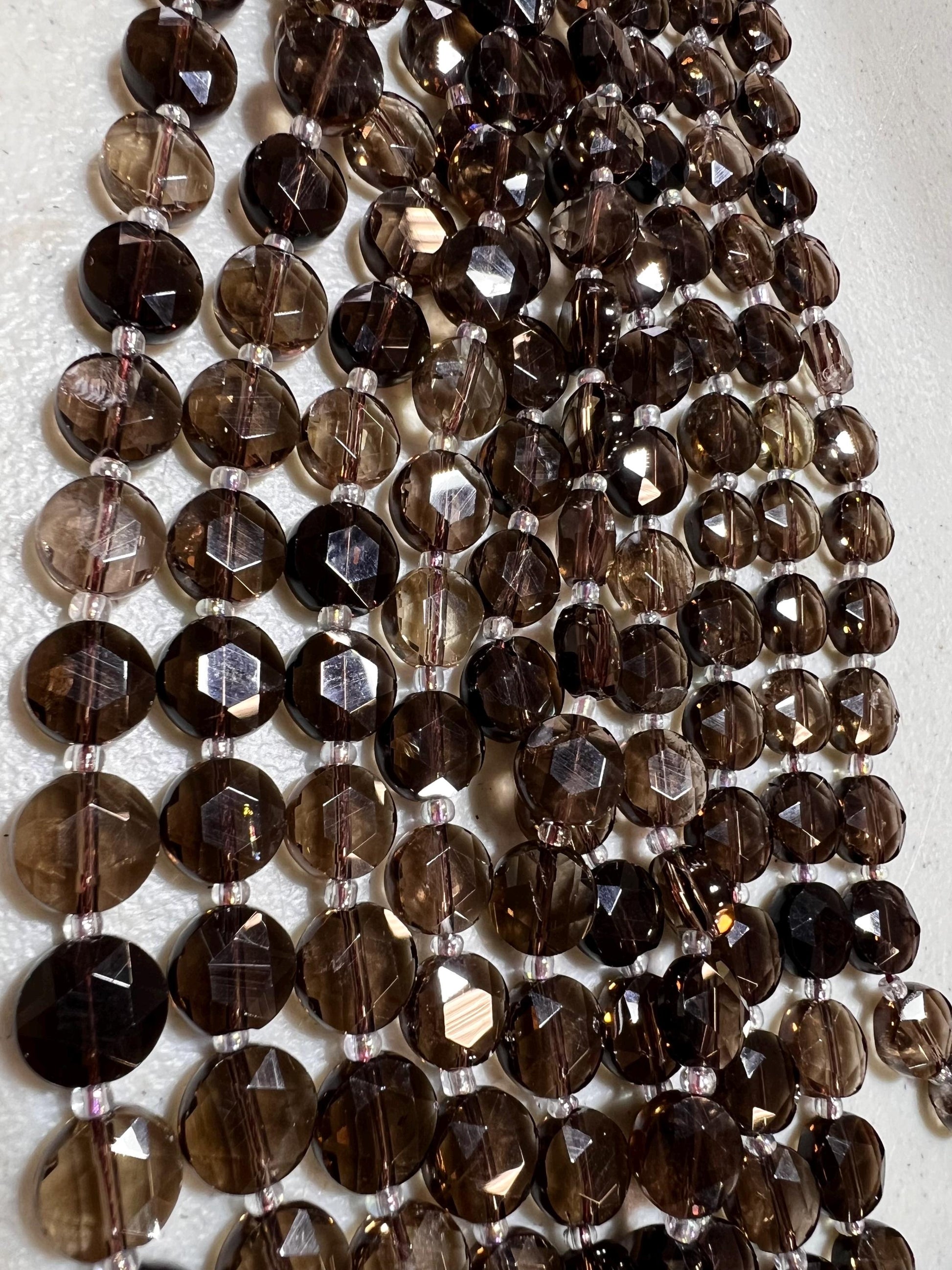 Natural Smokey Quartz 10mm Faceted Dime shape jewelry making beads 14”Strand Approx 30 pcs