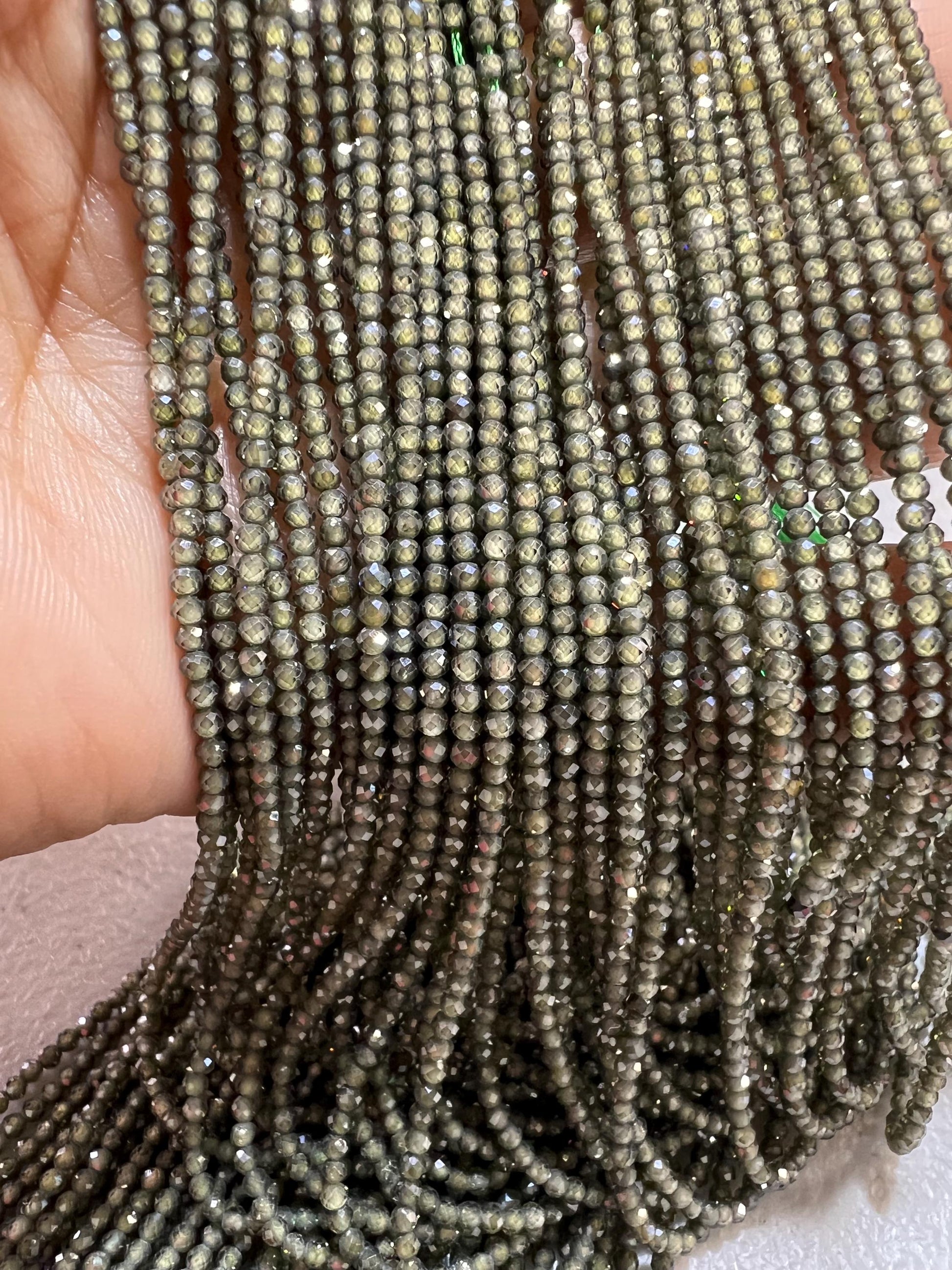 Olive Green Zircon Micro Faceted 2mm Round AAA quality NaturalGemstone Jewelry Making Beads 14" Strand