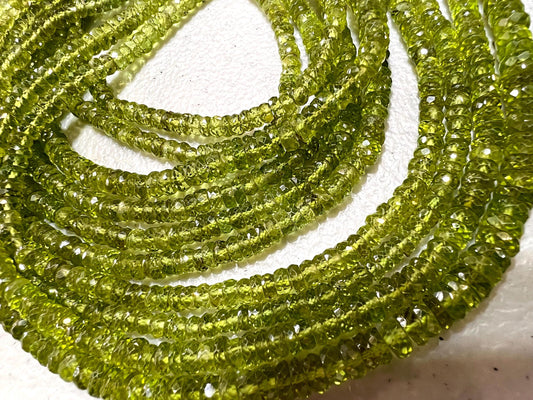 Natural Peridot tyre Wheel Heishi cut Micro Faceted Rondelle AAA clear quality Gemstone 4.5-6mm Beads 6” and 12” strand August Birthstone