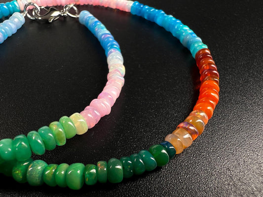 Genuine Ethiopian Opal Multi Pink blue green Disco Welo Fire Opal 4.5mm large Roundel Necklace Fiery Opal Jewelry Gift