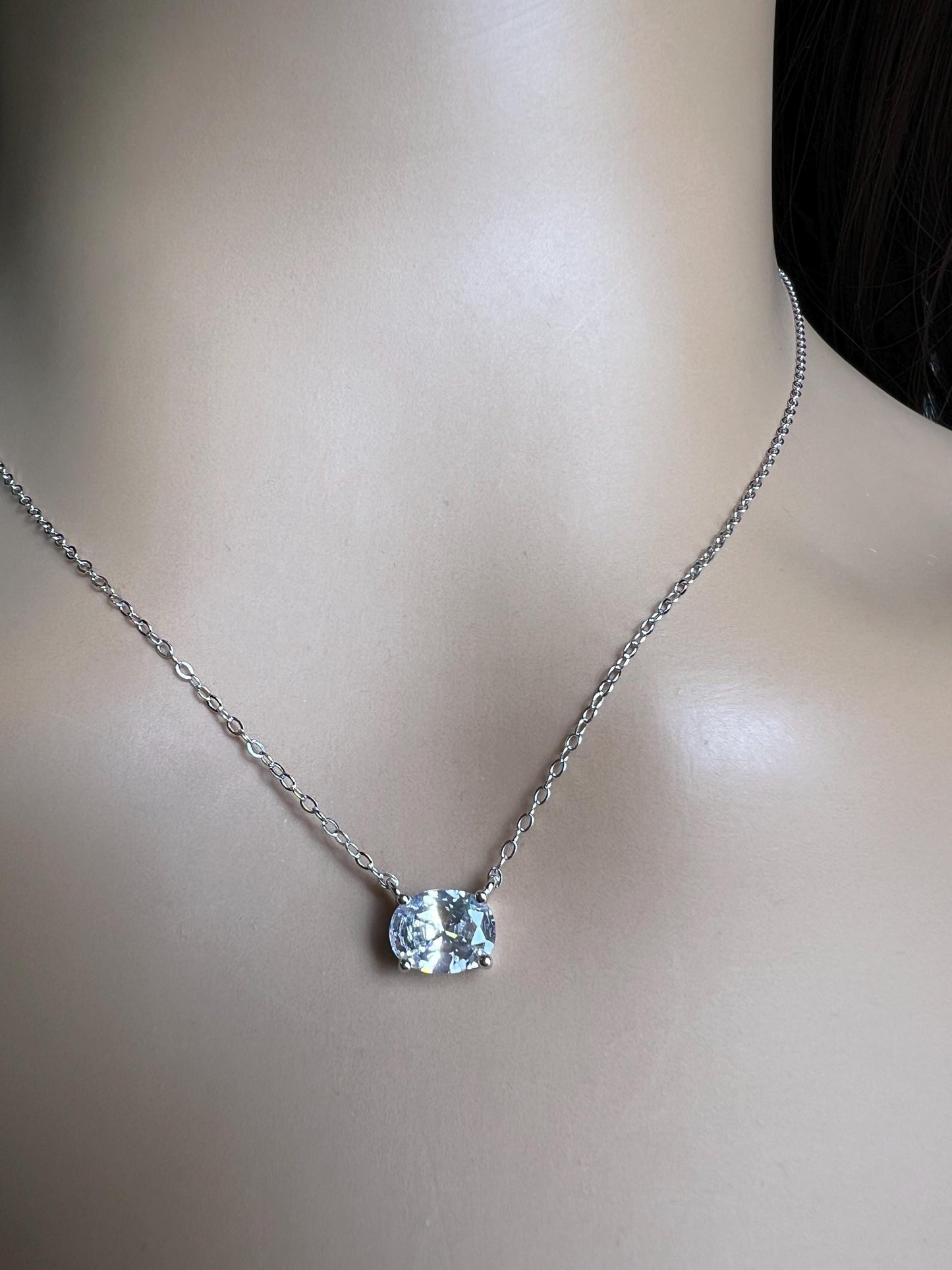 Cubic zirconia CZ Diamond 925 Sterling silver oval Solitaire minimalist necklace. 3 in 1 size 16” , 17”,18” simple elegant gift 925 stamped