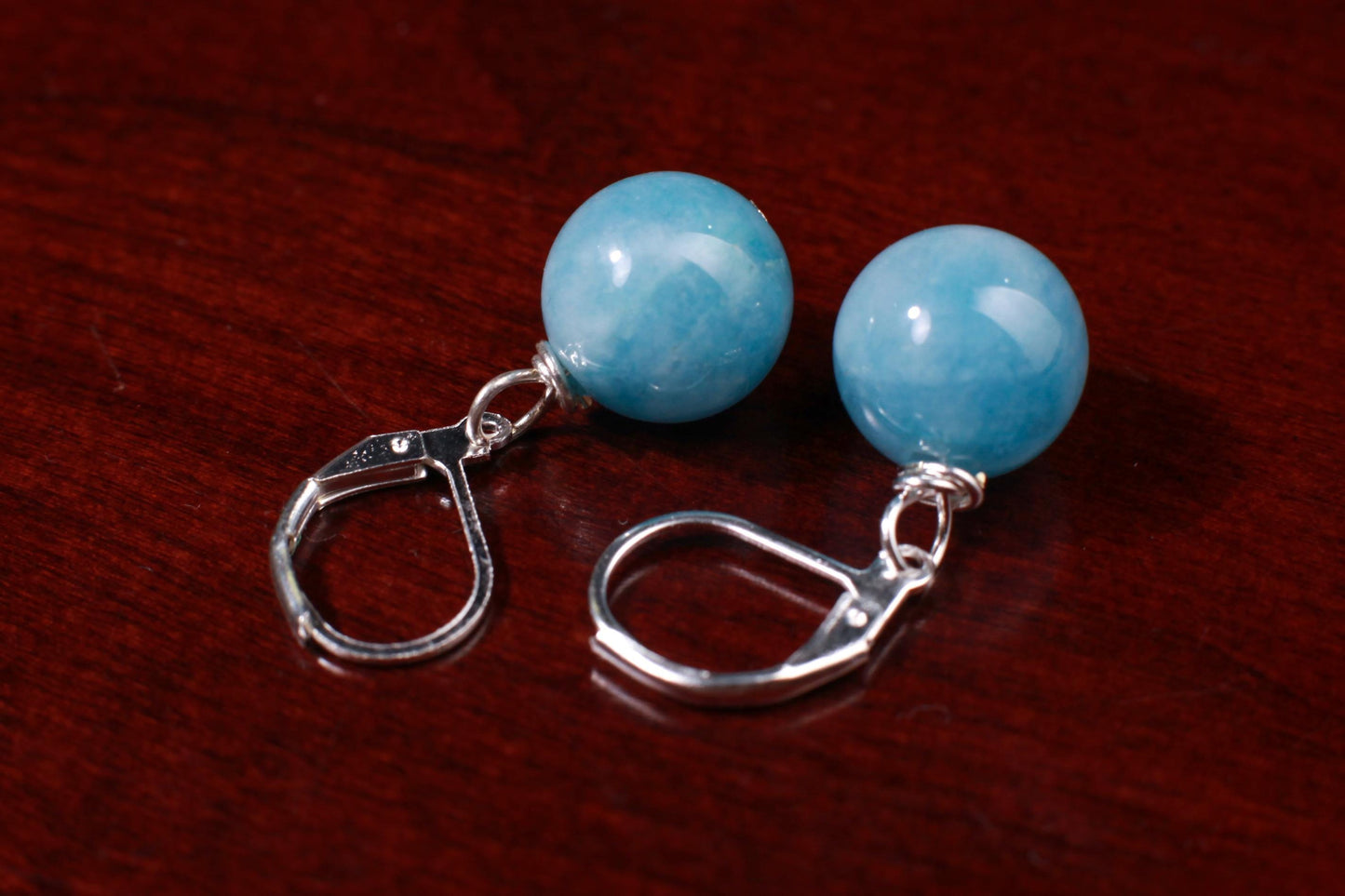 Aquamarine Milky 12mm round handmade Leverback Earrings in Silver, Gold Victorian style elegant minimalist Earrings gift December Birthstone