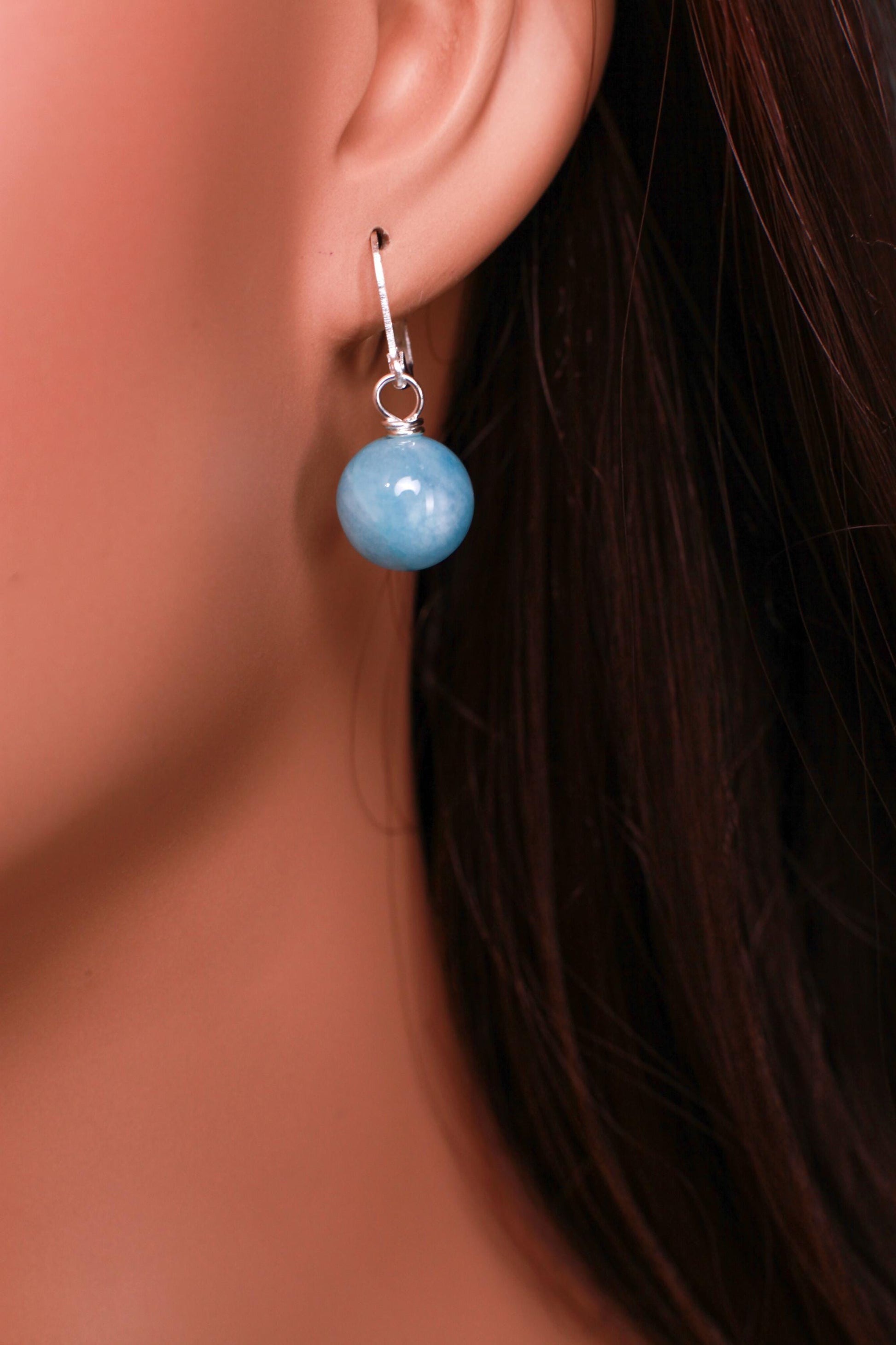 Aquamarine Milky 12mm round handmade Leverback Earrings in Silver, Gold Victorian style elegant minimalist Earrings gift December Birthstone